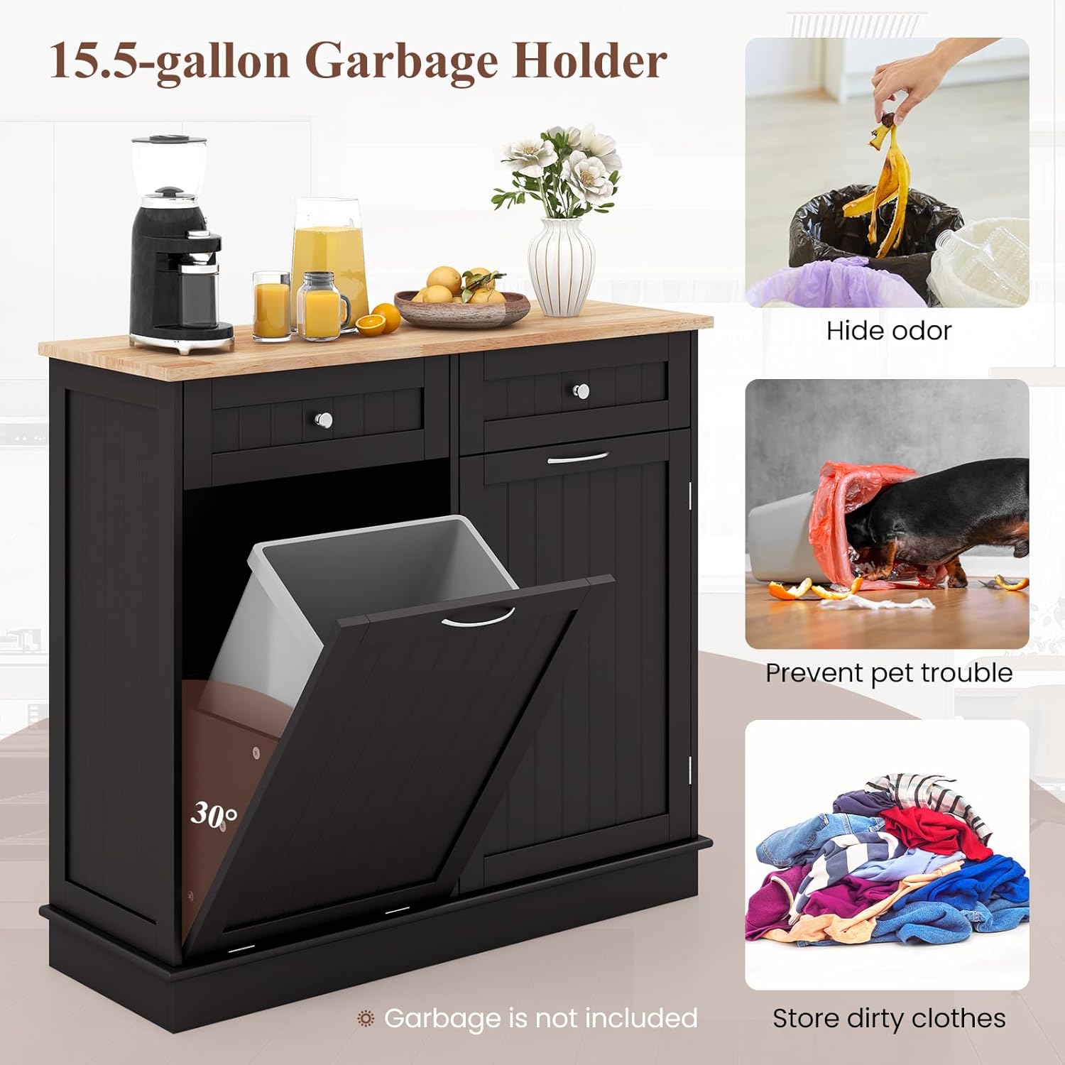 GOFLAME Kitchen Tilt Out Trash Bin, Freestanding Laundry Sorter w/Rubber Wood Countertop, Hideaway Trash Can Holder, Adjustable Shelf, Recycling Cabinet for Dining Room, Brown