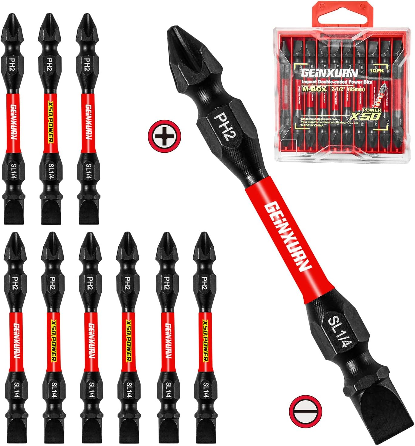 Geinxurn 10Pcs SL1/4-PH2 Impact Double End Screwdriver Bit Set, 2.56 in. #2 Phillips/Power Driver Bits, Magnetic S2 Steel Two Sides Screwdriver Bits Set with Storage M-Box