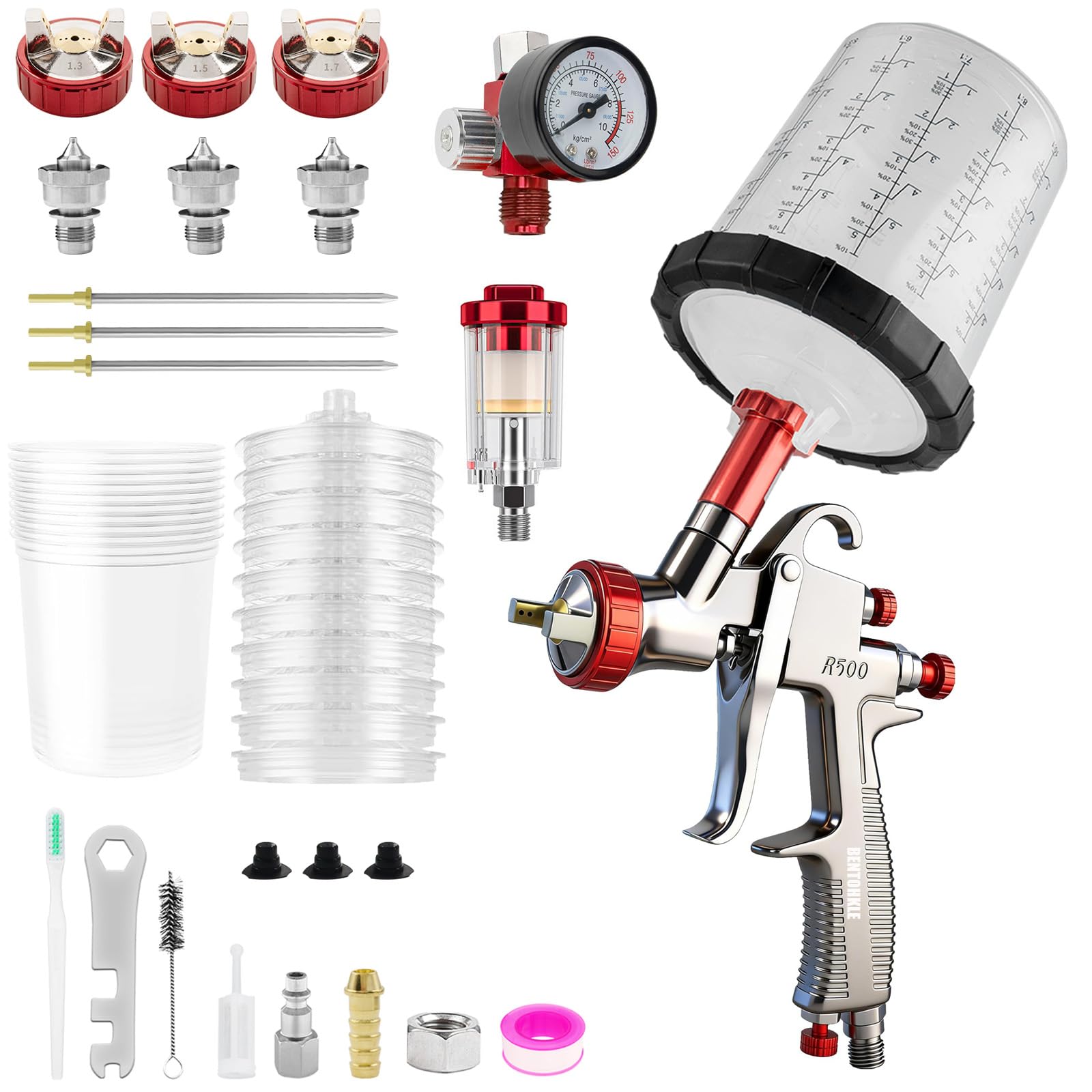R500 LVLP Pistolet à Peinture avec 3 Buses 1,3mm 1,5mm 1,7mm et Bol Mélangeur 650 ML, Pistolet à Peinture pour Voitures avec Accessoires de pulvérisateur de Peinture