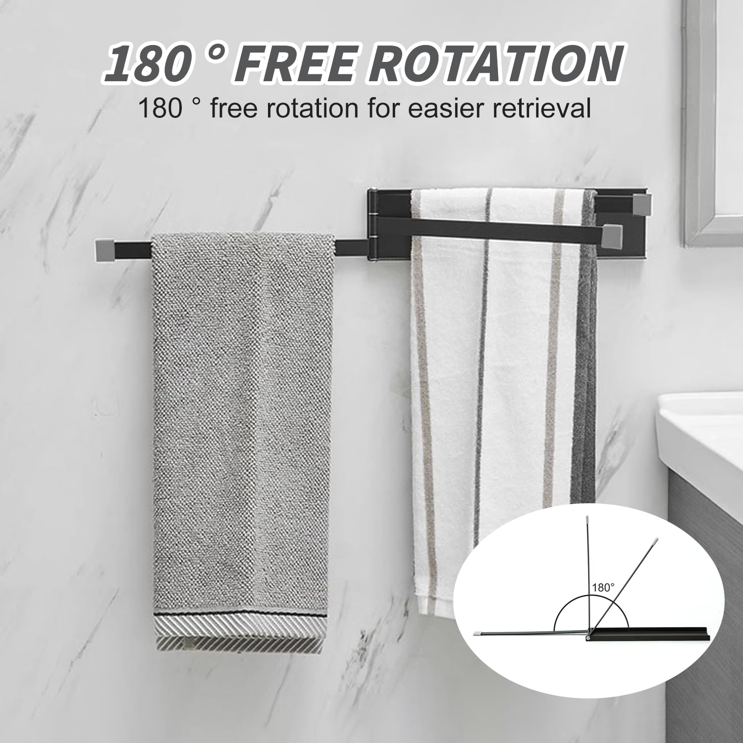 Guest Towel Holder, Towel Rack, No Drilling, Required, Wall-Mounted Three-Arm Guest Towel Holder with Three Swivel Rods - Image 4