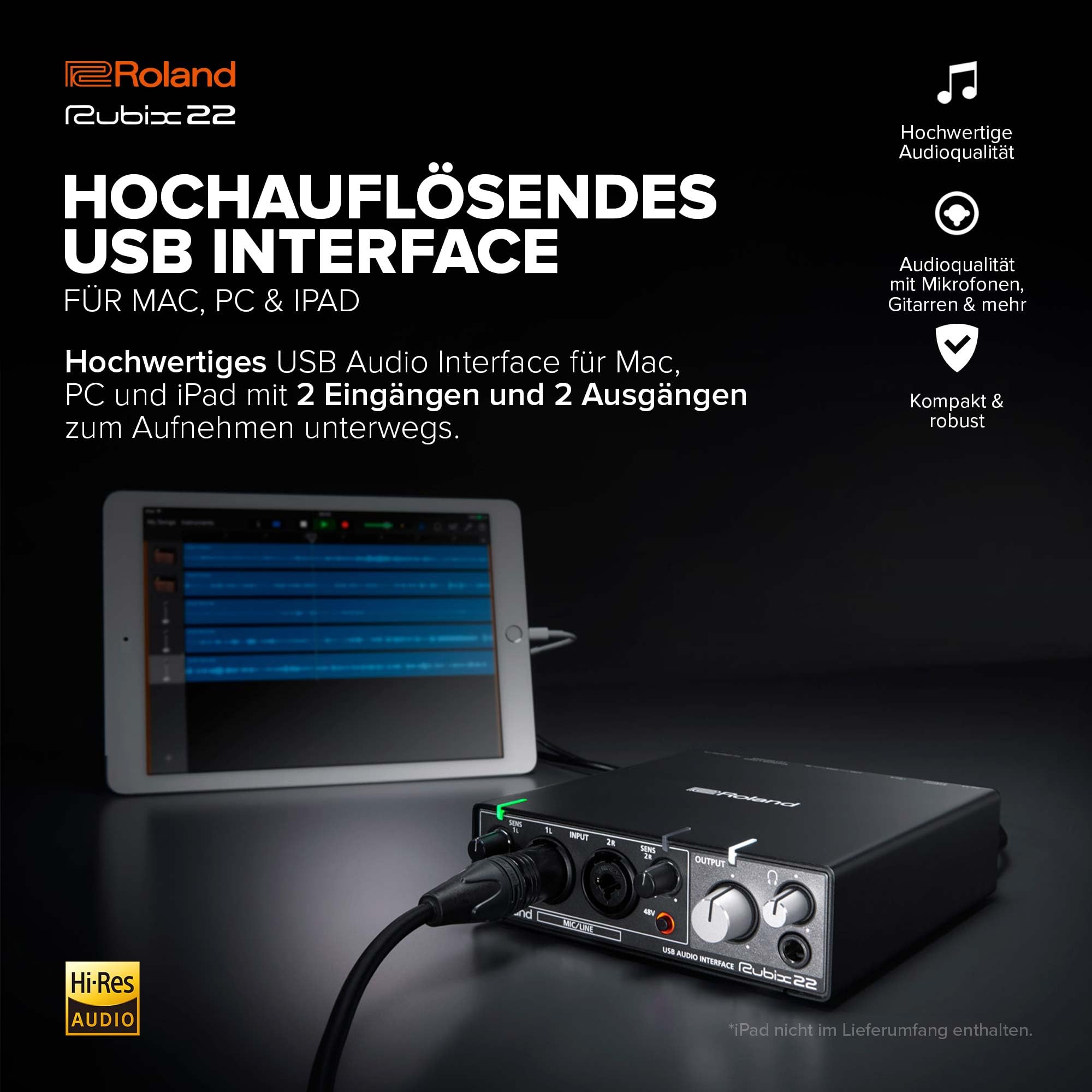 Roland Rubix22 | 2‑In/2‑Out USB Audio Interface | Hochauflösende Audioqualität | Aufnahme von Mikrofonen, Gitarren & Keyboards | Kompatibel mit Mac, PC & iPad