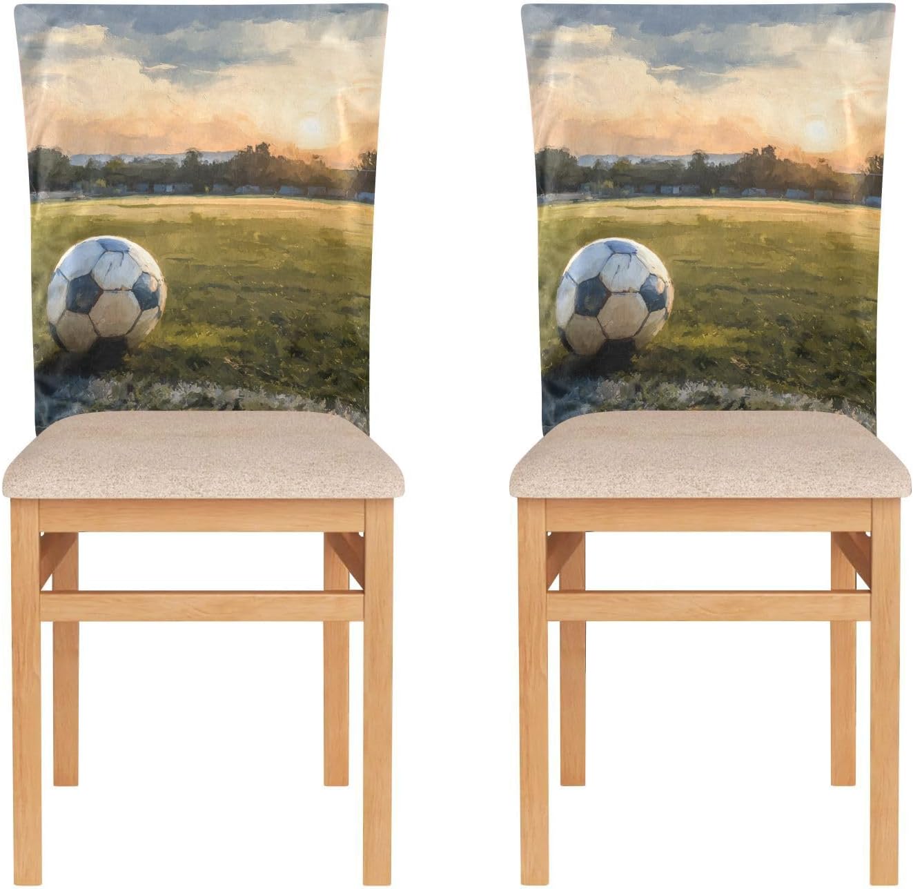 ALAZA Vintage Sunset and Soccer Balls Chair Back Cover Set of 6, Washable Reusable Removable Chair Slipcovers Decorative Chair Cover for Home Kitchen Wedding Party