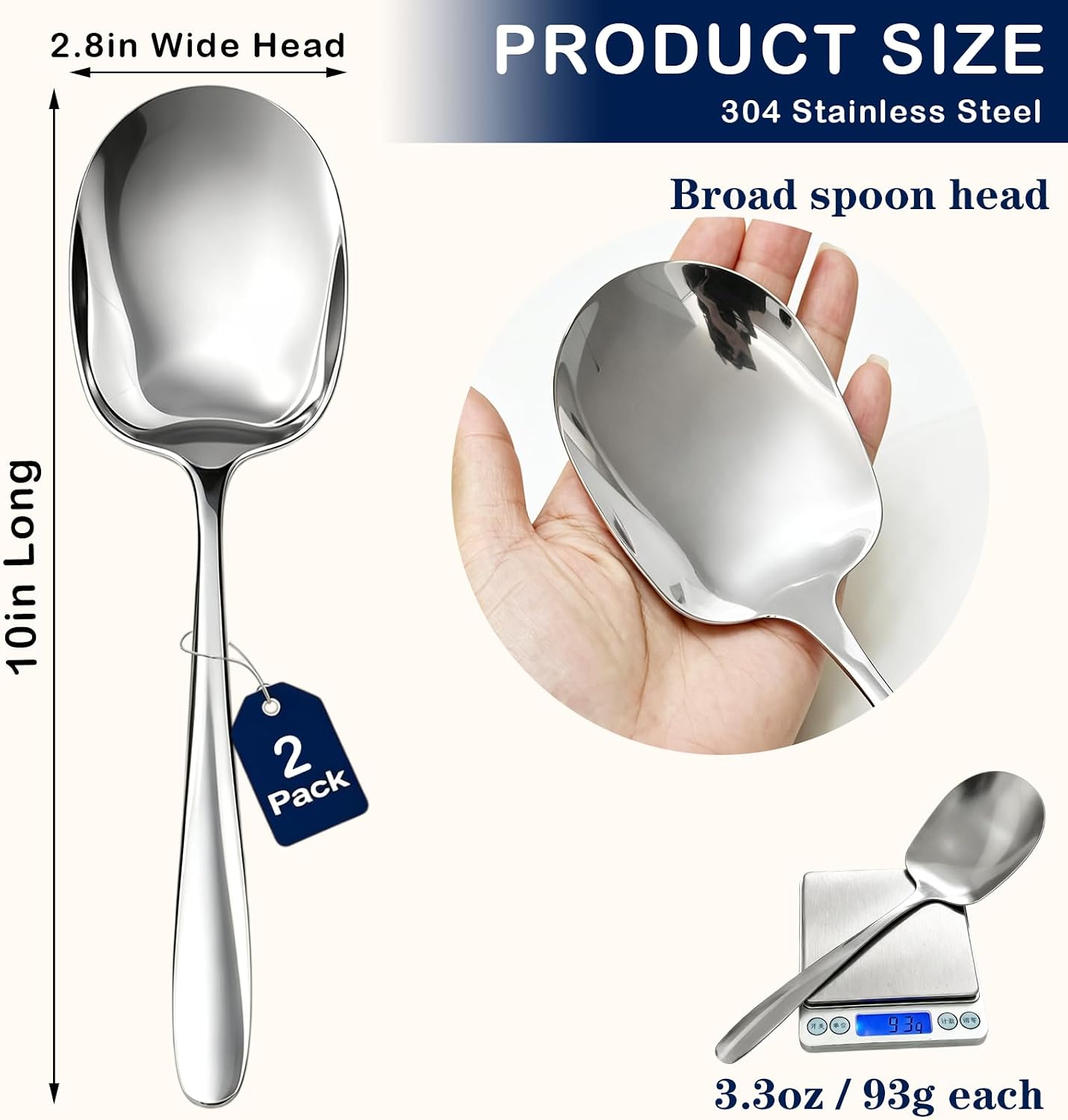 Serving Spoons, 10 Inch Large Buffet Spoons, 2 Pack, Silver