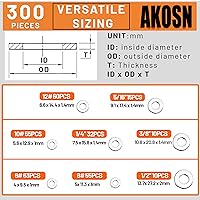 Vista 3 de Kit de arandelas planas de acero inoxidable SAE 304, set de 300 arandelas de tornillo de metal para pernos, 8 tamaños #6; #10; #12; 1/4"; 5/16