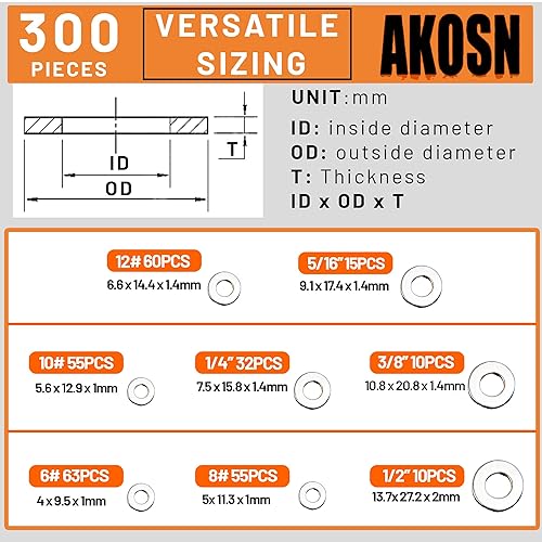 Miniatura 3 de Kit de arandelas planas de acero inoxidable SAE 304, set de 300 arandelas de tornillo de metal para pernos, 8 tamaños #6 #10 #12 14" 516" 38" 12"