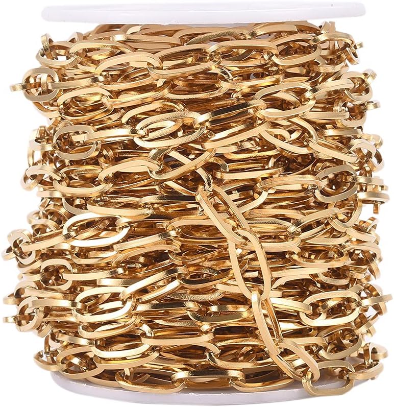 32.8 Feet Ion Plating 304 Stainless Steel Unwelded Paperclip Chain with Chain Spool Gold Color Chains for Necklace Bracelet DIY Craft Making Jewelry Accessories