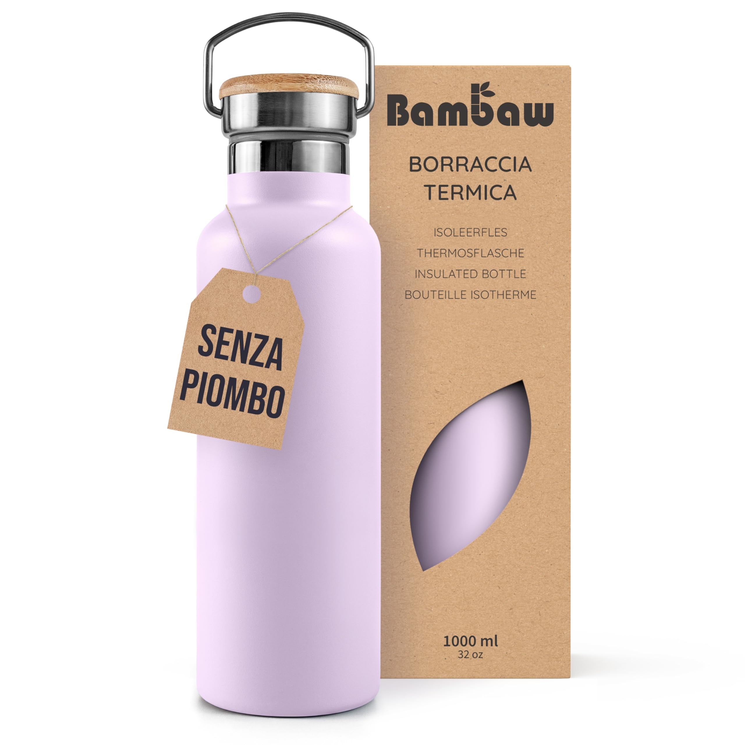 Bambaw Borraccia Termica 1 Litro, Borraccia Viola, Borraccia Acciaio Inox, Borraccia Palestra, Thermos 1 Litro, Borraccia Sport, Borraccia Trekking – Lilla Lavanda