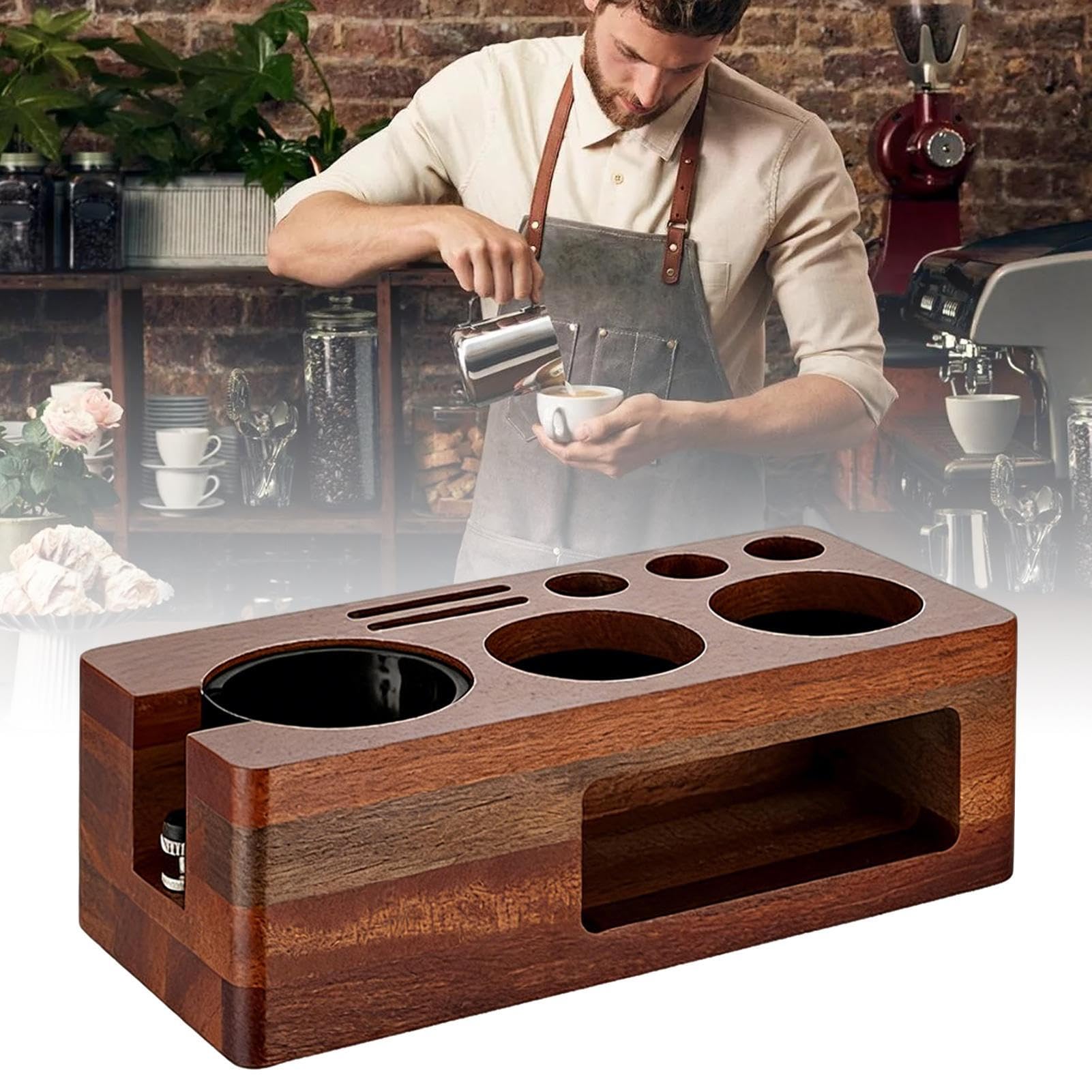 Espresso Tamper Station Multifunktionale Espresso Aufbewahrung aus Holz | Organizer Station für Kaffeezubehör Für Espresso Bar Zuhause Küche Wohnheim Gastronomie
