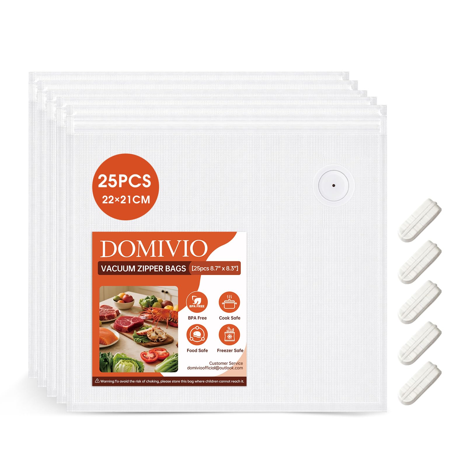 DOMIVIO Reusable Vacuum Seal Bags, 25 PCS 22 × 21cm BPA Free Double Zipper Vacuum Sealer Bags with Air Valve, Food Storage Bag for Meal Prep, Food Preservation and Sous Vide, Freezer, Microwave