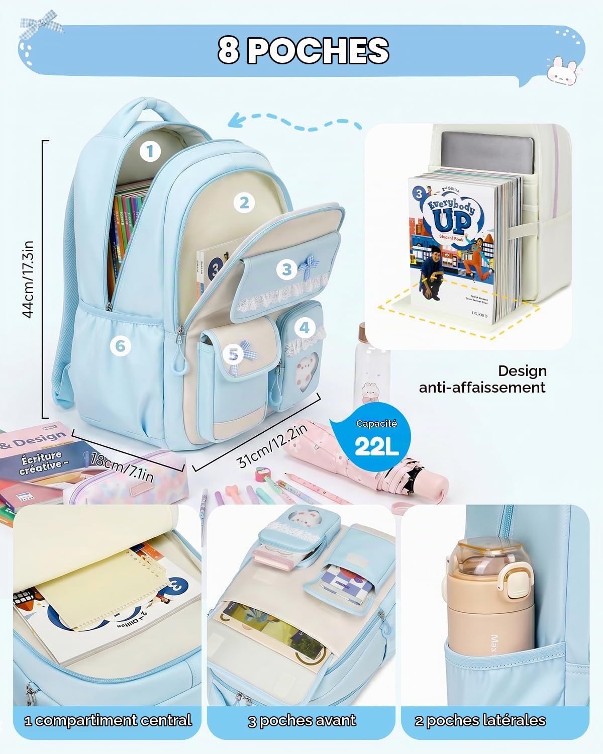 Tanou Cartable Fille Primaire, Sac à Dos pour Enfants du CP au CM2 | Nylon Imperméable, Sac d'école Primaire Kawaii avec Nœud pour Filles de 7 à 14 ans, Bleu