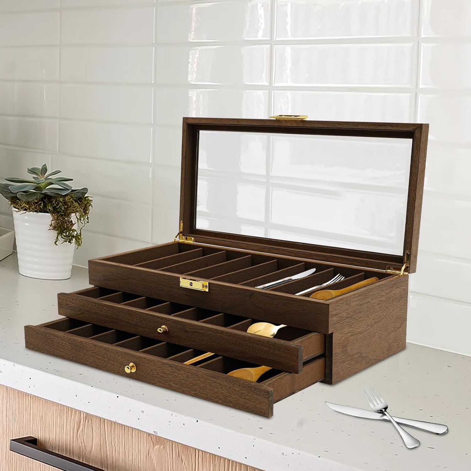 3-Tier Knife Display Case Vintage Pocket Knife Storage Box Lockable Knife Display Stand Holder with Clear Glass Top Rectangular Knife Collection Case Organizer with Drawers for Men Gift, Brown