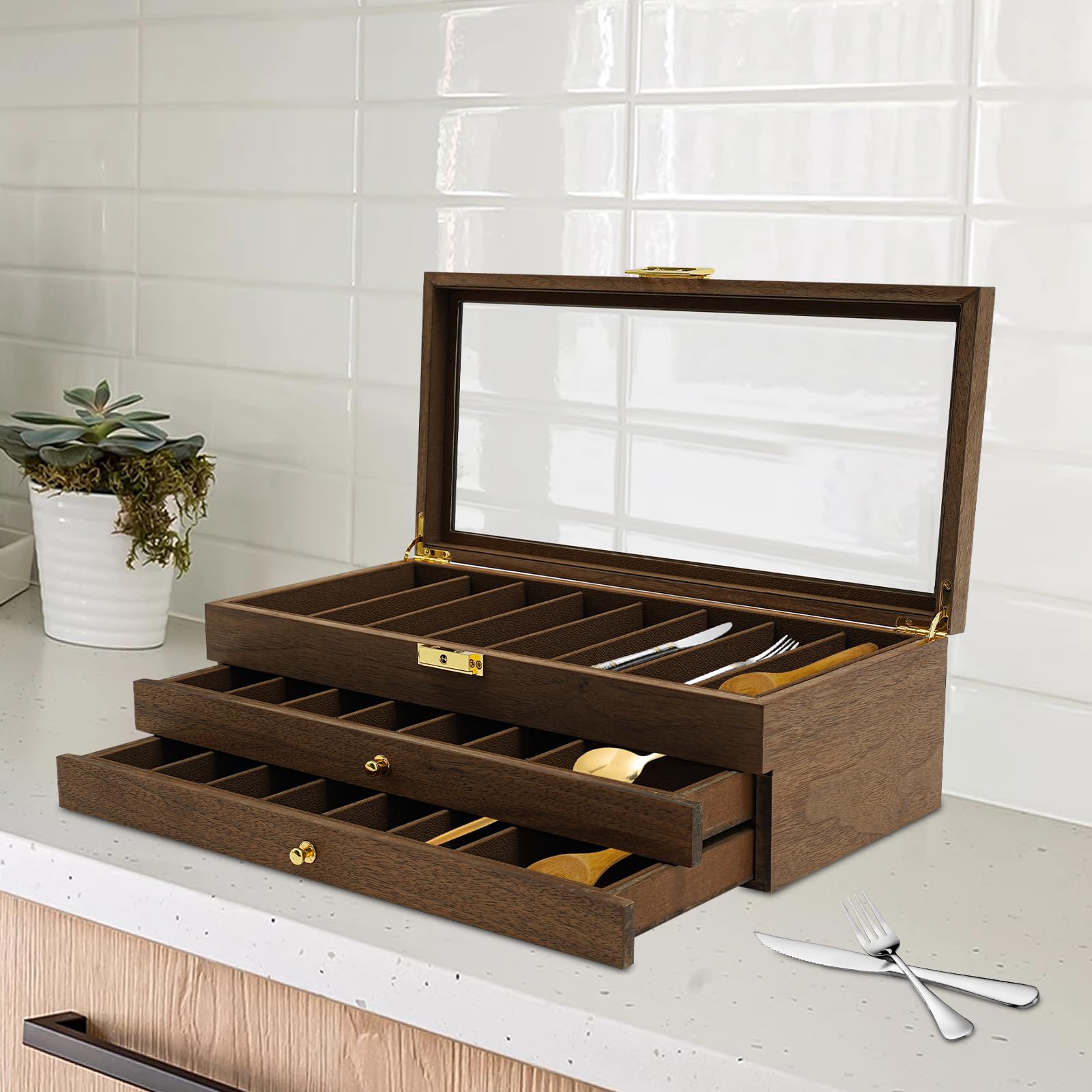 3-Tier Pocket Knife Display Case, 22 Compartments Pocket Knife Case with Glass Lid & Drawer, Knife Cases for Collections, Pocket Knife Storage for Men Gift (Walnut Color)