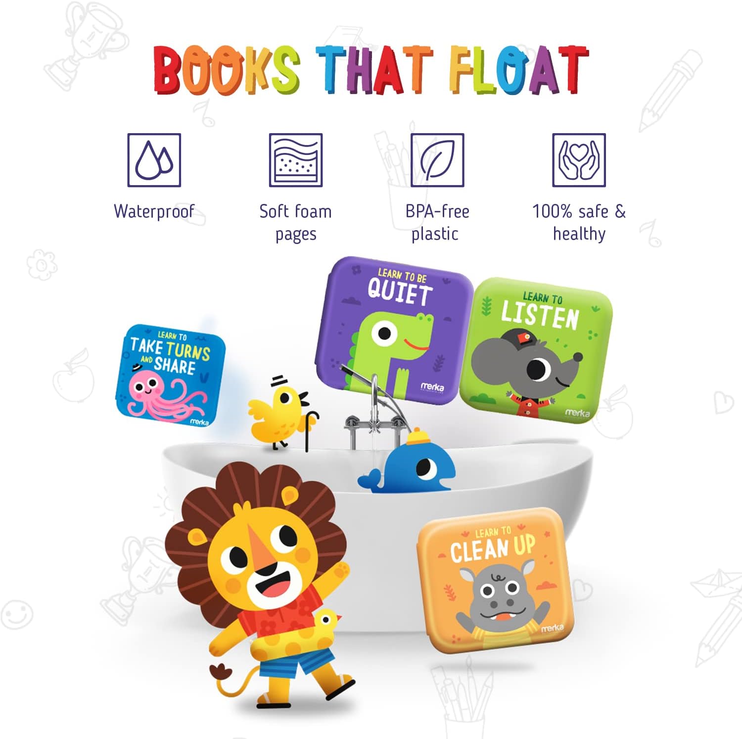 merka Baby Bathtub Bath Toys for Toddler Baby Bath Toys Baby Books 4 Plastic Book Take Turns Clean Up Listen Be Quiet Perfect Baby Gifts for Sharing and Learning