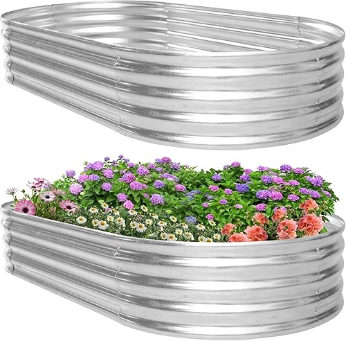 HKLGorg Jardinera elevada galvanizada de 6 x 3 x 1 pies, macetero galvanizado de metal, macetero ovalado grande de metal elevado para flores,