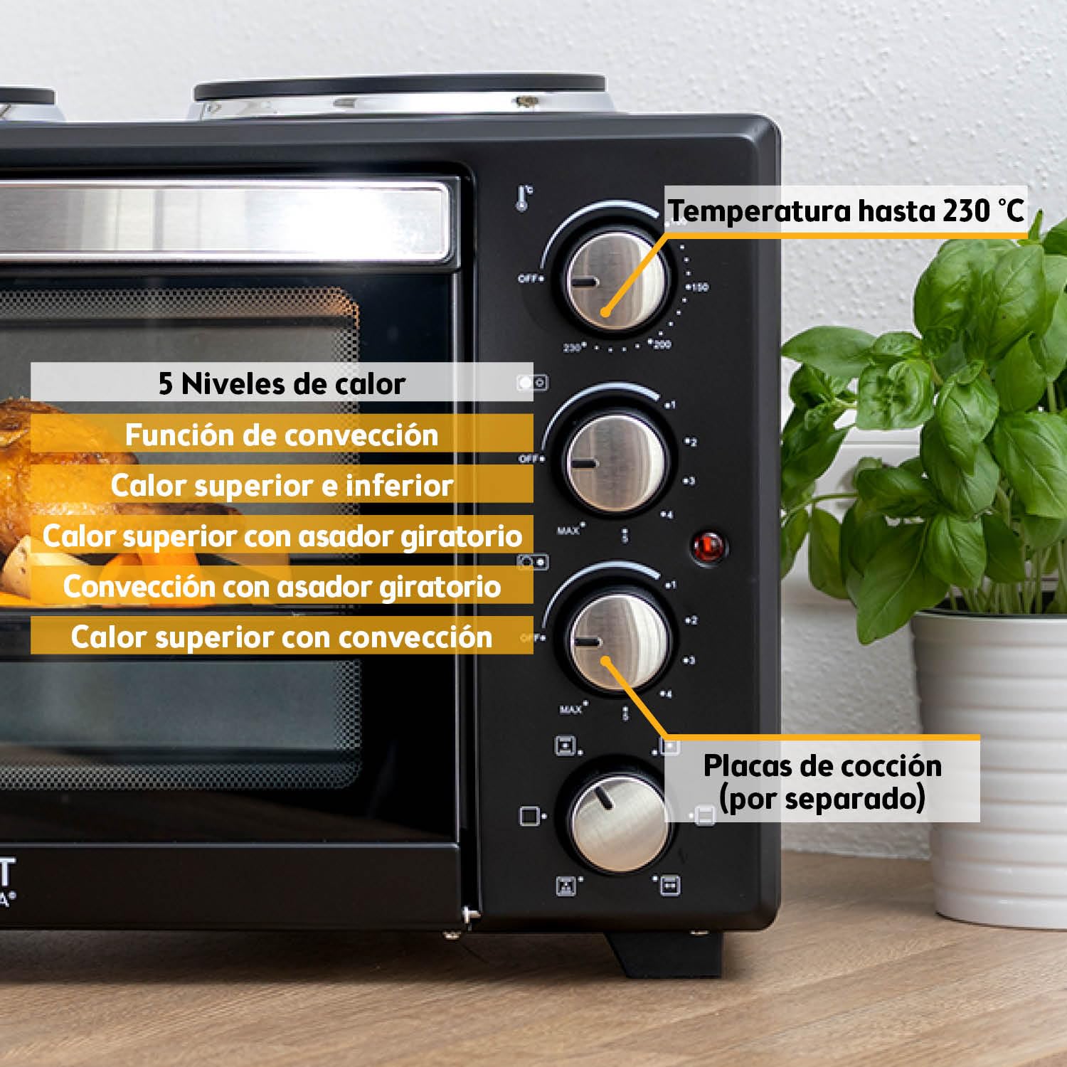 TZS First Austria Mini Horno 30L 3200W con Quemadores para Pizza 230°C 6 Modos
