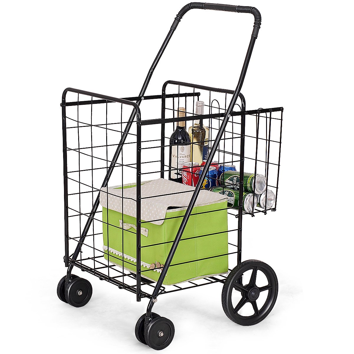 S AFSTAR Folding Shopping Cart, Metal Grocery Cart w/Extra Basket & 360° Swivel Wheels & Non-Slip Handle, Heavy Duty Utility Cart for Grocery Laundry