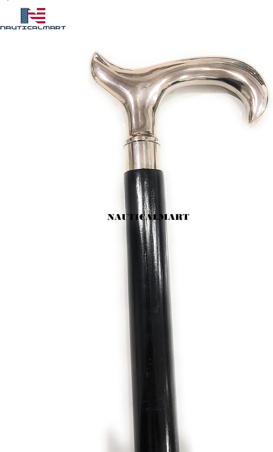 Chrome Plated Derby Walking Cane with Black Beechwood Shaft and Silver Collar
