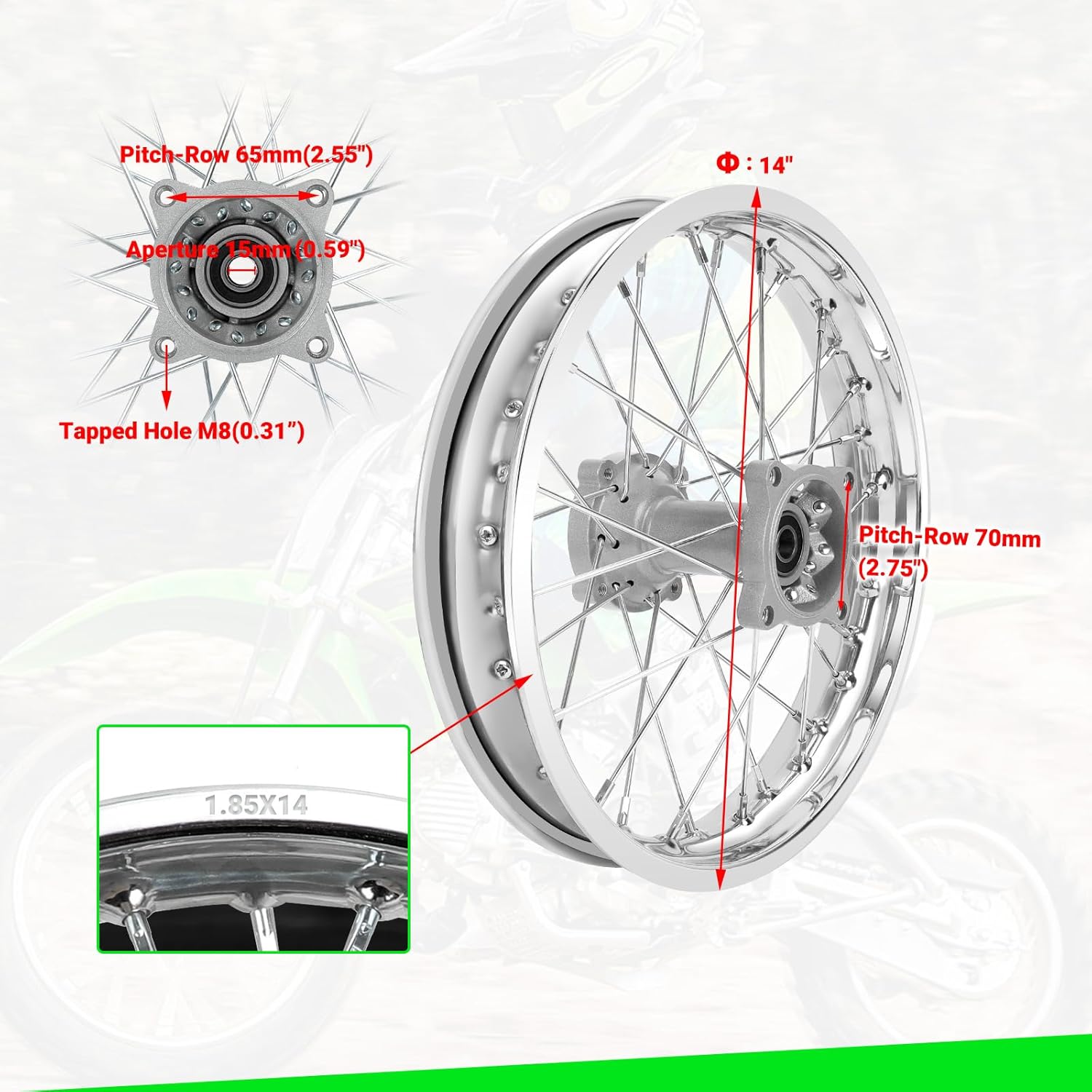 1.85x14 Rear Rim Compatible with 90/100-14 3.00-14 Dirt Pit Bike Tire, 14 Inch Rim Fit for KLX125 KX85 TTR125 YZ80 RM80 Apollo 125 Taotao DB17 SR150 DR90 Motorcycle Parts (15mm Axle)