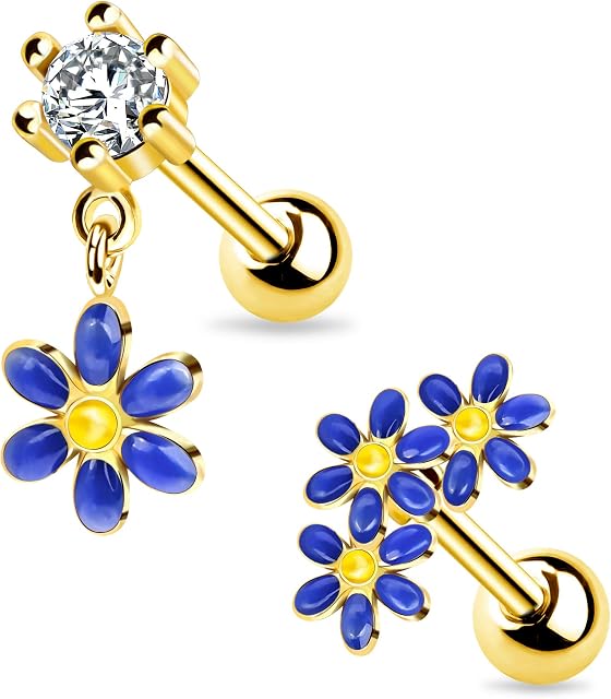 Melighting 2pcs Floral Helix Studs 16G Cartilage Earrings 316L Surgical Steel Helix Piercing Jewellery Tragus Earrings Conch Studs Dangle Helix Earrings for Women