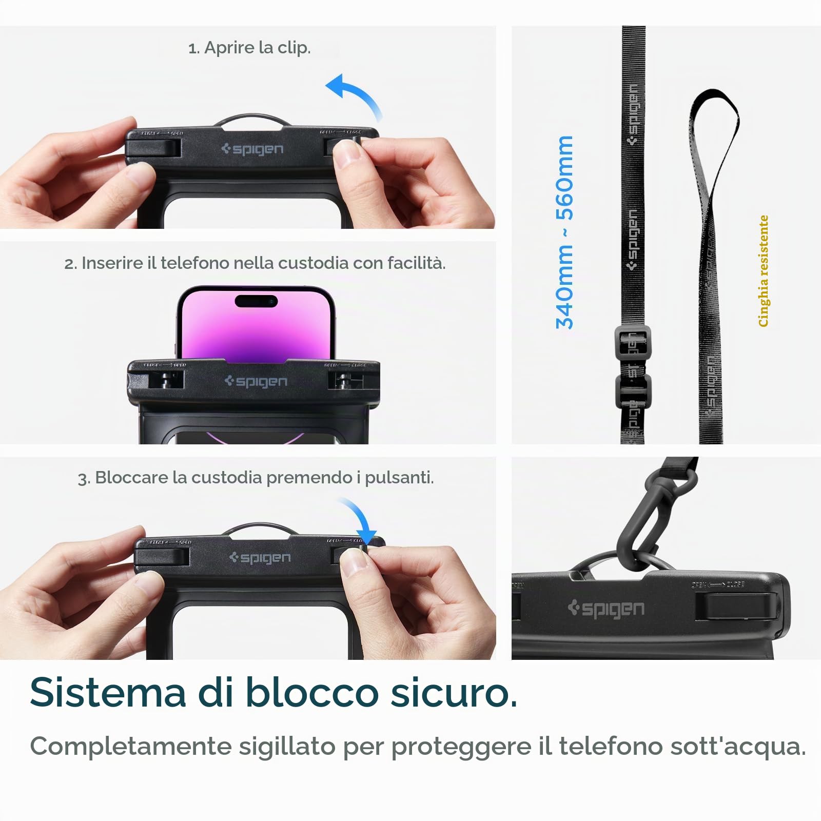 Spigen A621 Aqua Shield IPX8 Borsa impermeabile Marsupio e Custodia impermeabile galleggiante per Smartphone 2 pezzi - Nero