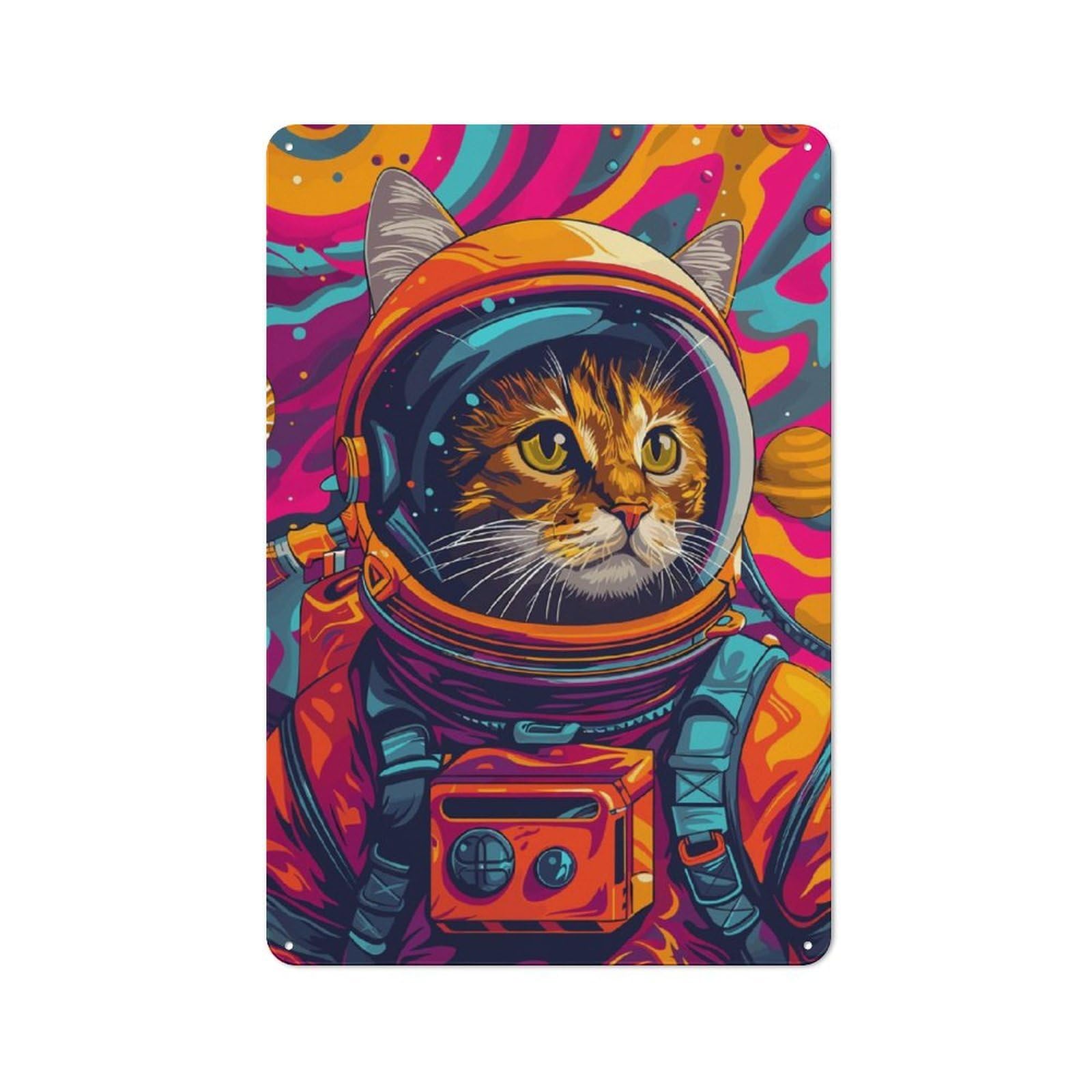 Junmoney Astronaut Cat Space Animal Vintage Tin Sign 30X20cm With For Dining Room Or Kitchen, For Dining Room Decor Fans