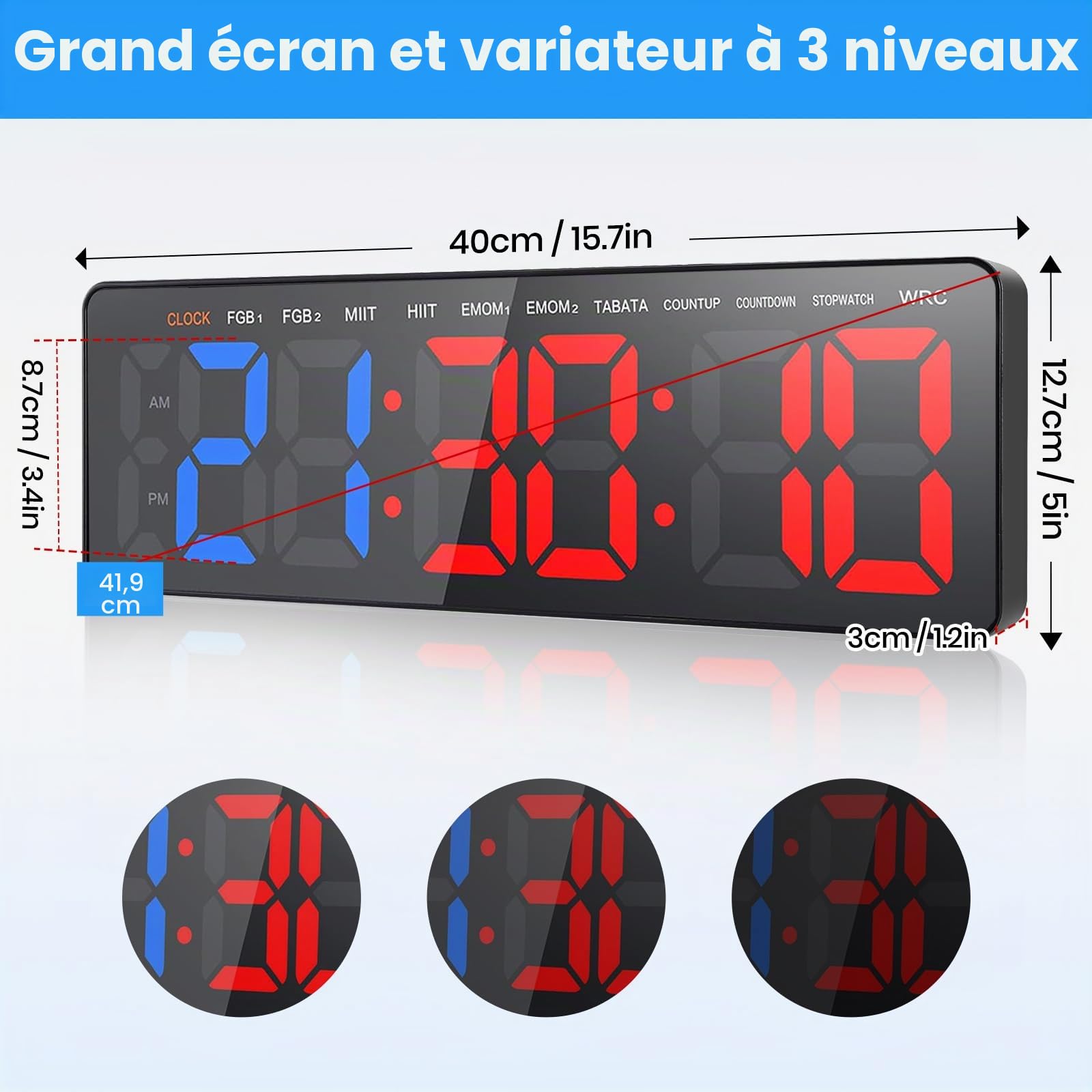 Timer Sport Minuteur Fitness, 16.5" Grand Ecran Timer, Horloge, Chronomètre, Minuteur Fitness Mural avec Télécommande, Volume&Luminosité Réglable,pour Home Gym Garage Entraînement