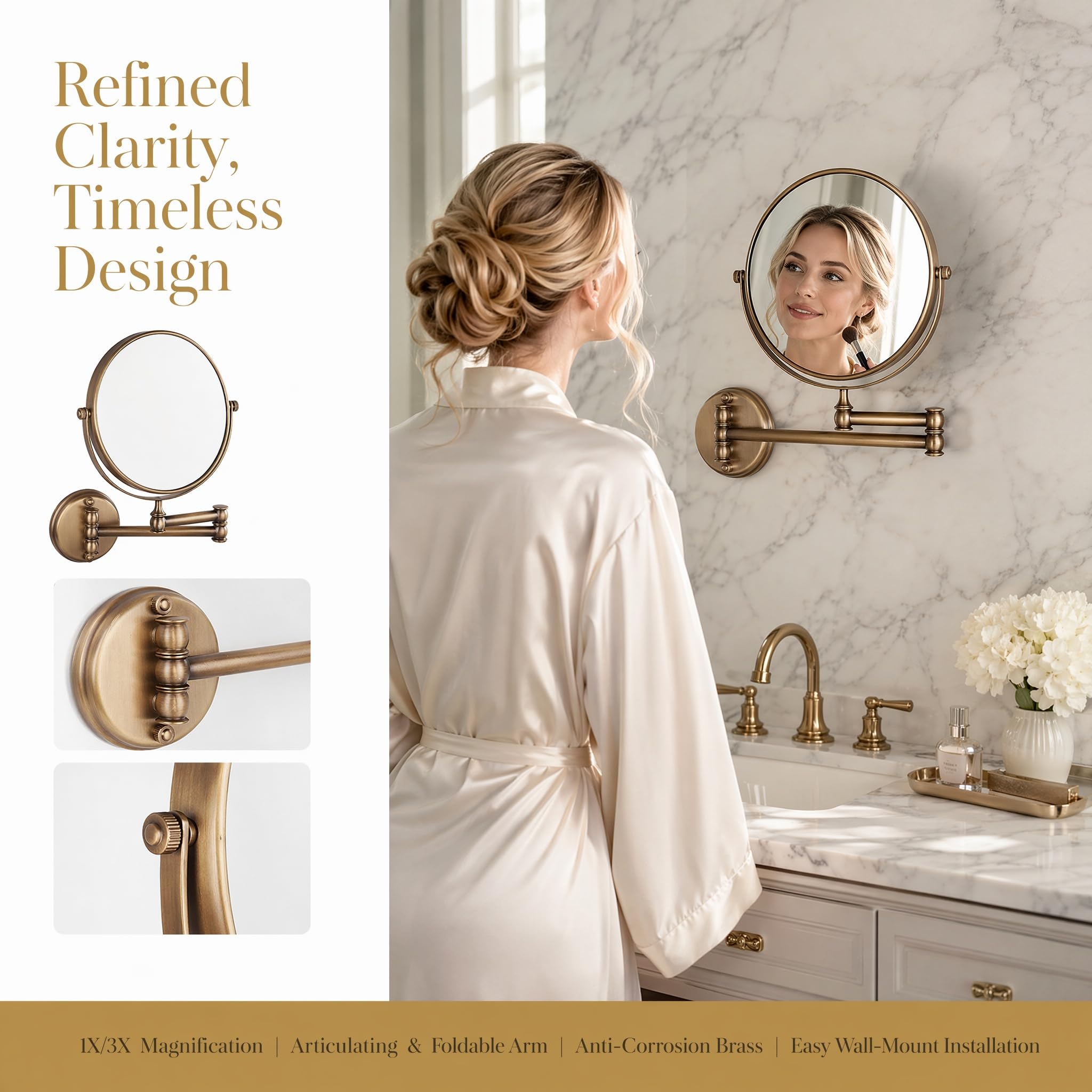 7Trees Espejo de Maquillaje Plegable Retro de 8 Pulgadas para baño, Espejo telescópico de Belleza (latón Antiguo)