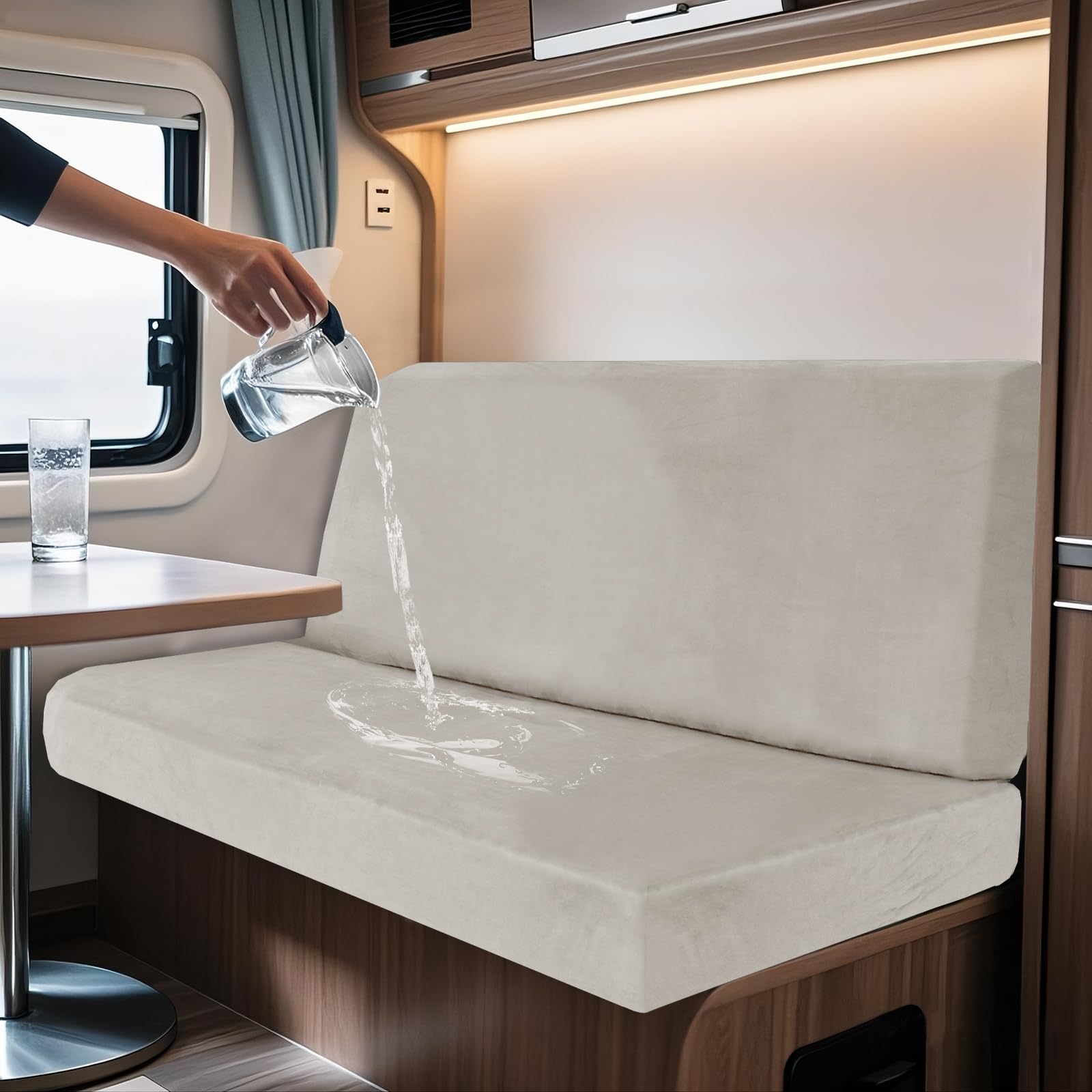 SYLC 2 Piece Waterproof Caravan Seat Covers and Backrest Cover, Non-slip Motorhome Dinette Cushion Covers with Ties, Stretch Campervan Seat Covers Velvet (Ivory,Rectangular L)