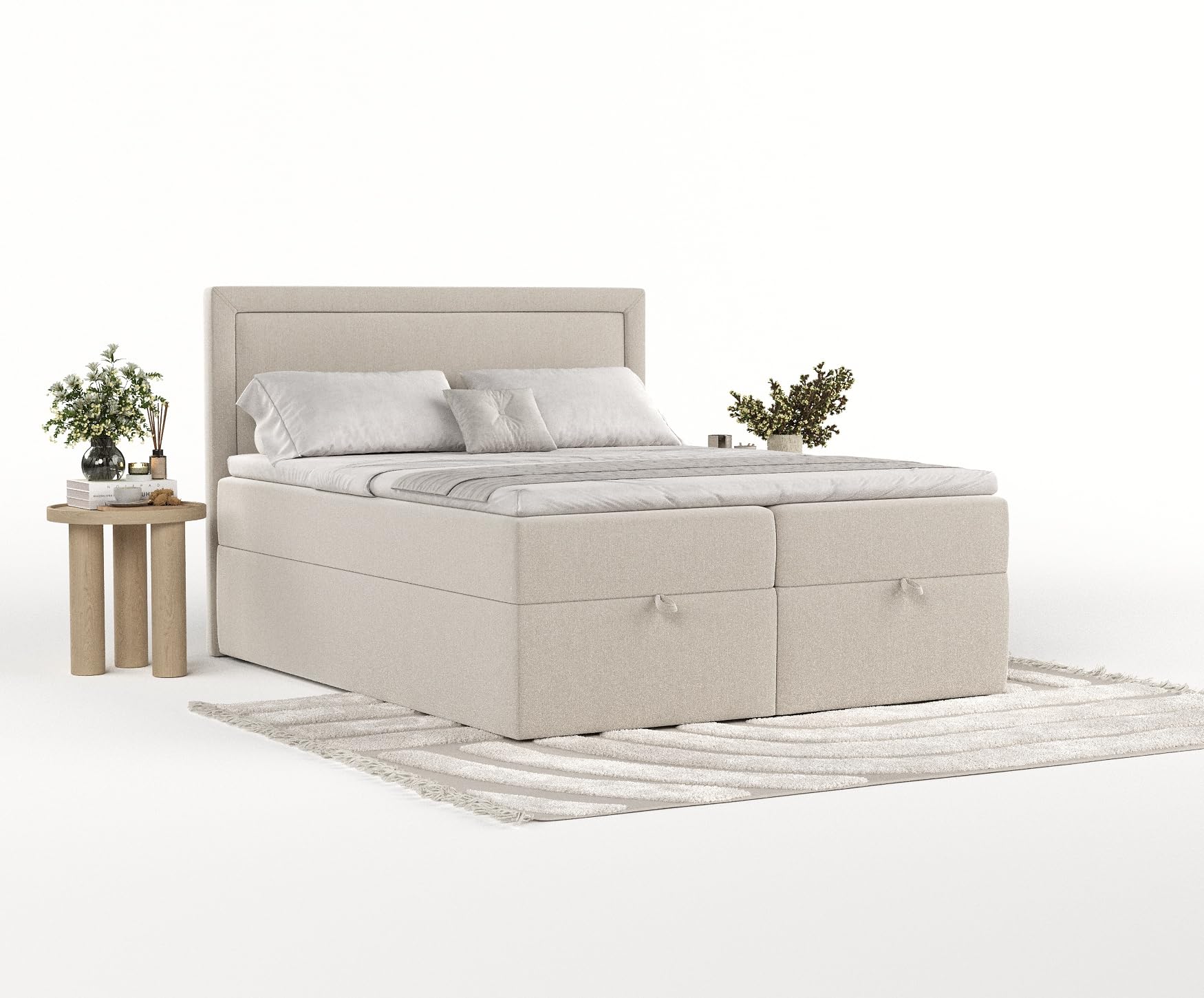 Boxspringbett Pao 140x200 Cm – Mit H3 Taschenmatratze, Topper, Kopfteil & Bettkasten, Webstoff Beige