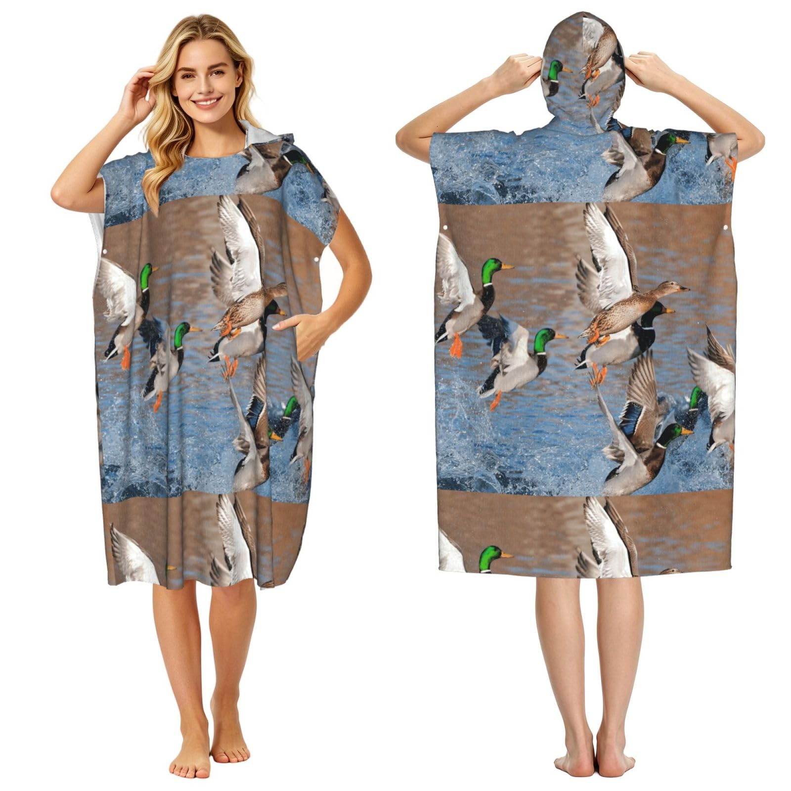 Poadnly Mallards Duck Hunting Mallard Ducks, Adult Hooded Beach Towel 90 x 110 cm,Changing Bath Robe, Surf Poncho Towel For Women Men