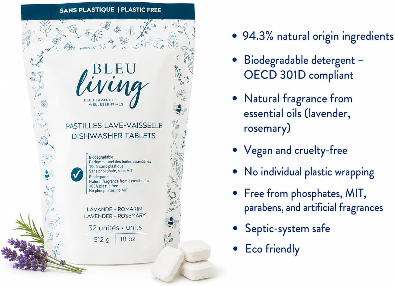 Bleu Lavande Plastic-Free Dishwasher Tablets, Lavender Rosemary, 32 Count image 2