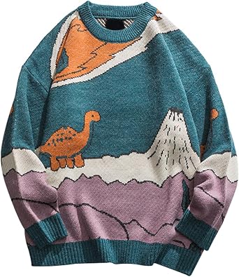 Arssm Mens Oversized Dinosaur Sweater Knit Crewneck Vintage Tops