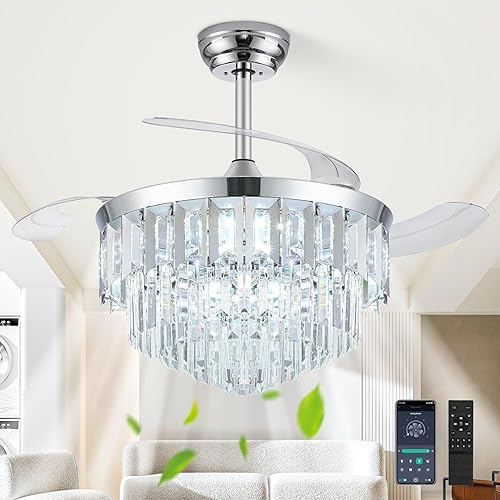 Miniatura 11 de Ventilador de Techo con Luz Fandelier, 42" Ventiladores de Techo Retráctiles con Luces Araña de Cristal, Ventilador Araña LED Regulable para 121