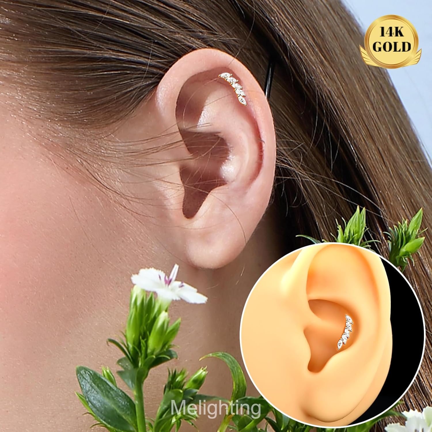 Melighting 14K Solid Gold Helix Earring 16G Tragus Piercing Jewelry Clear CZ Curved Gold Cartilage Earring Conch Piercing Jewelry for Women - Image 3
