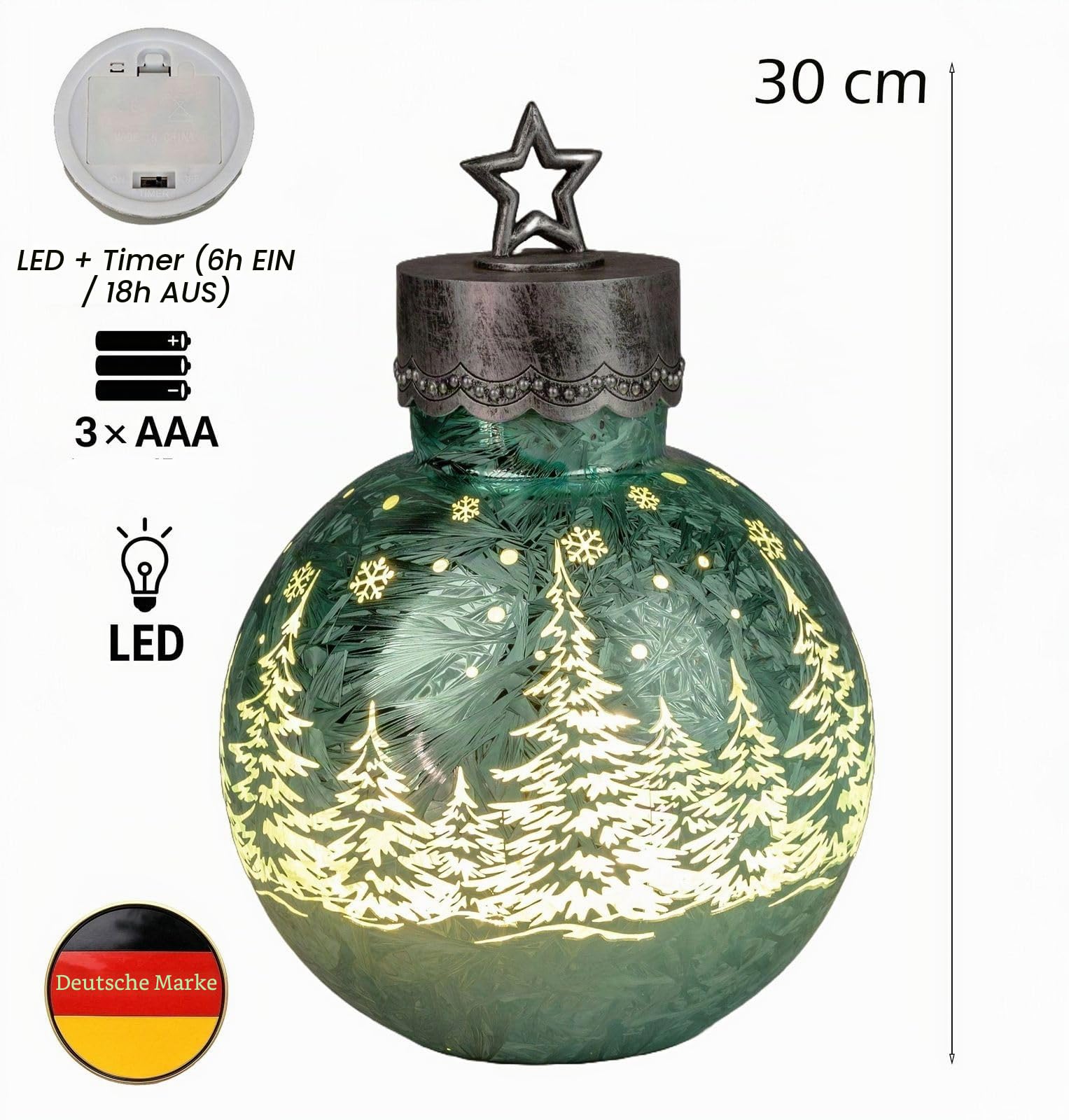 formano LED Deko-Kugel Frosty Mint 30 cm Farb-Glaskugel Ice-Optik Timer 6h /18h beleuchtet - inkl. Batteriebetrieben - Herbst Winter Weihnachtsdeko für Tisch Regal Fensterbank