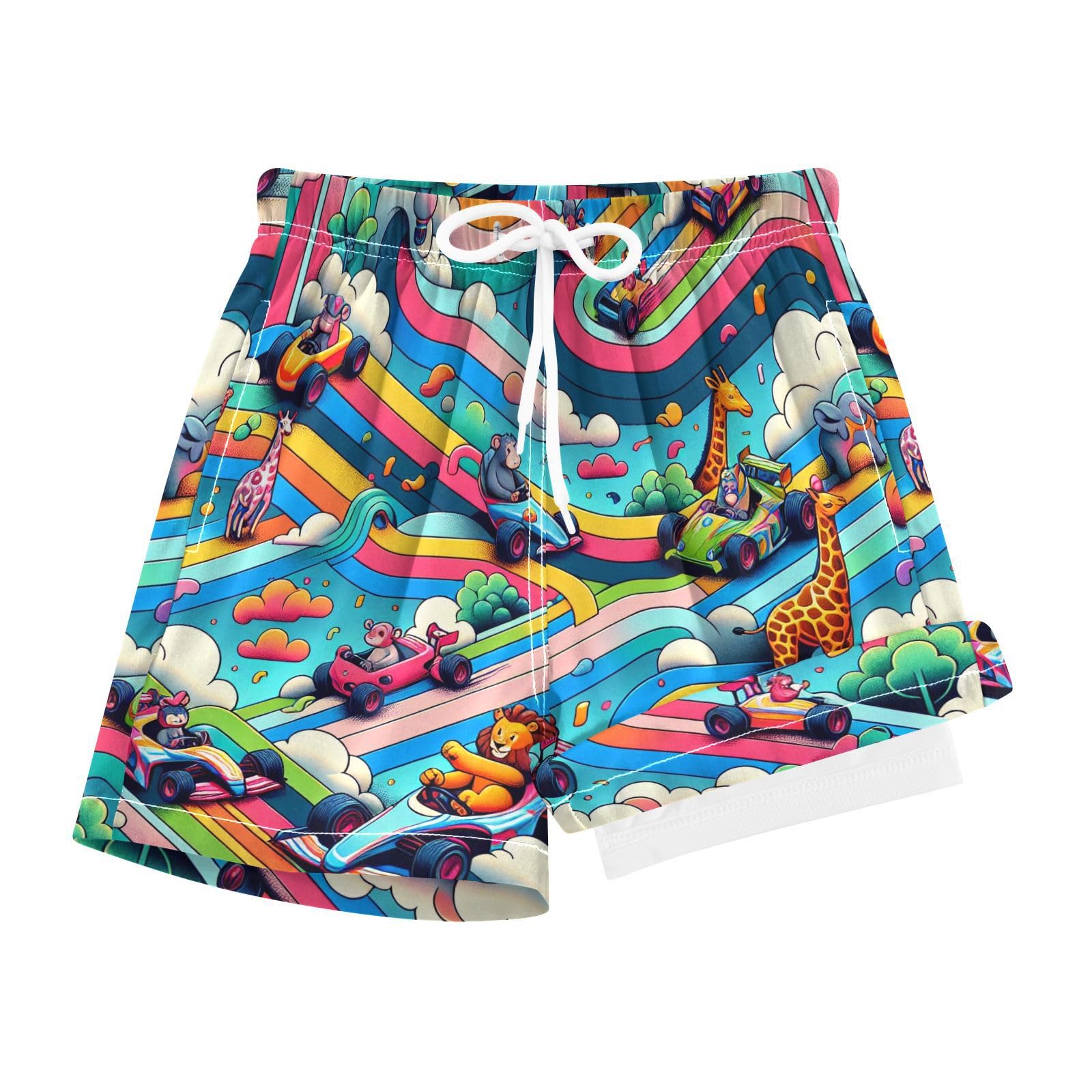 YANENDIE Boy Swim Trunks with Compression Liner Animal Drive on Rainbow Tracks Boys Swim Shorts Quick Dry Beach Shorts