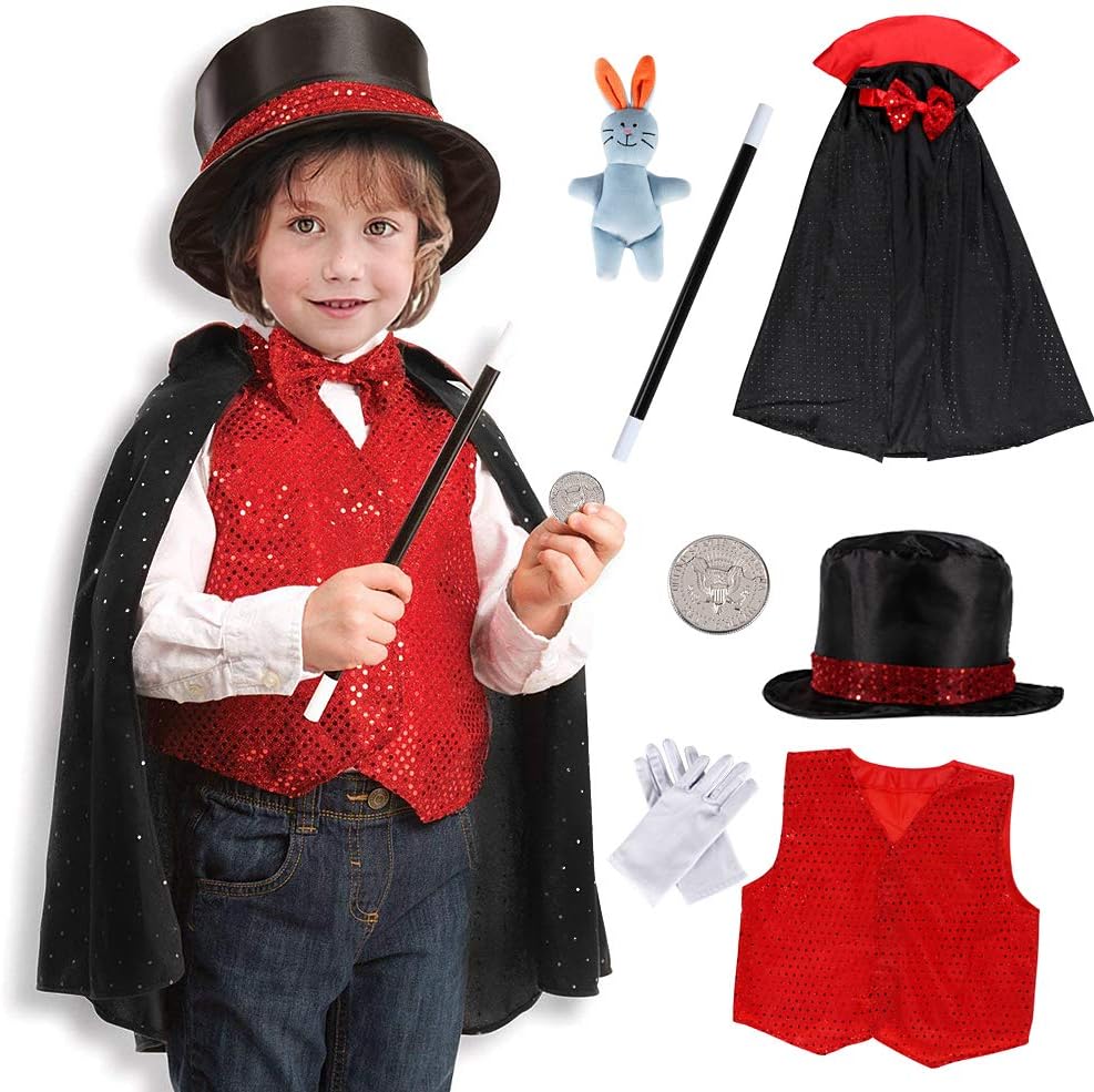 Tacobear Magician Costume Kids Role Play Costume Magician Halloween Fancy Dress Accessories Set for Kids Toddlers Boys Girls 9 Pieces (Red+Black)