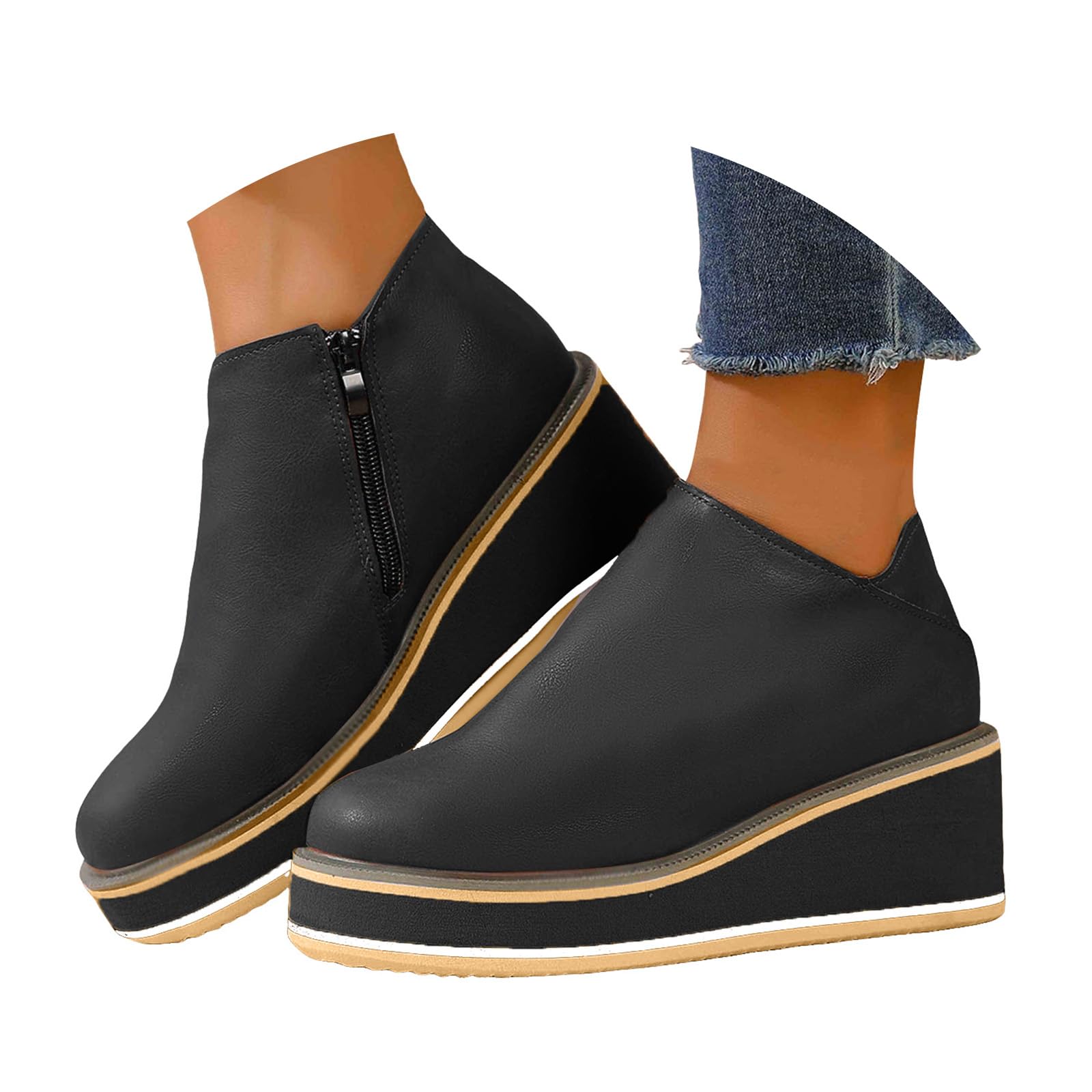Womens Ankle Boots Casual Round Toe Leather Platform Wedge Booties Fall Winter Vintage Lightweight Comfortable Chunky Bottom High