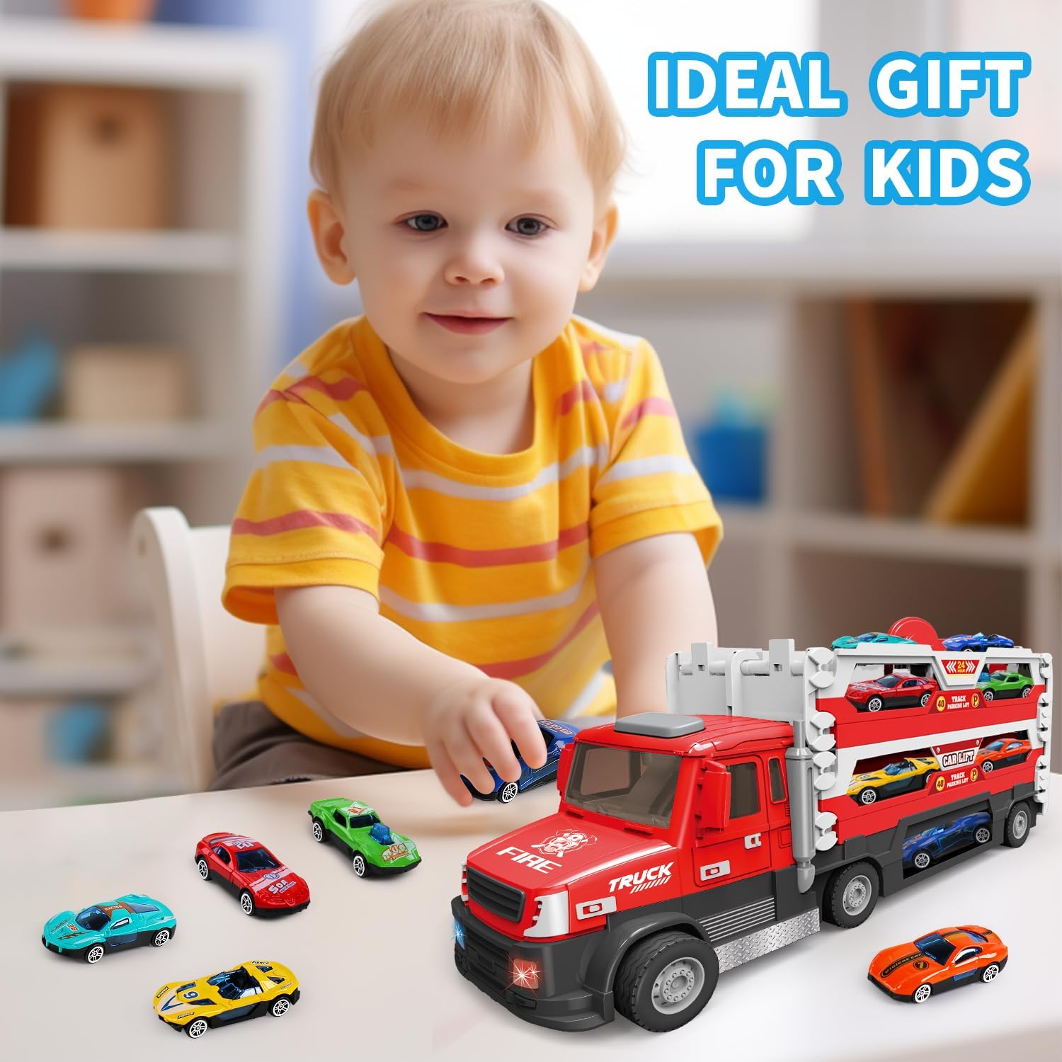6 in 1 Transport Truck Toys for Kids, Police Trucks Carrier Cars with 6Pcs Metal Race Car with Light&Sounds, Toddler Vehicles Toys Gifts for Boys Girls Age 3 4 5 6 7 8-Red