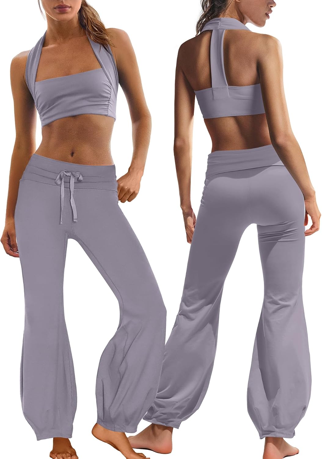 Nirovien Womens Two Piece Workout Sets Athletic Yoga Set Halter Sports Bra and Fold Over Flare Leggings Pilates Gym Outfits