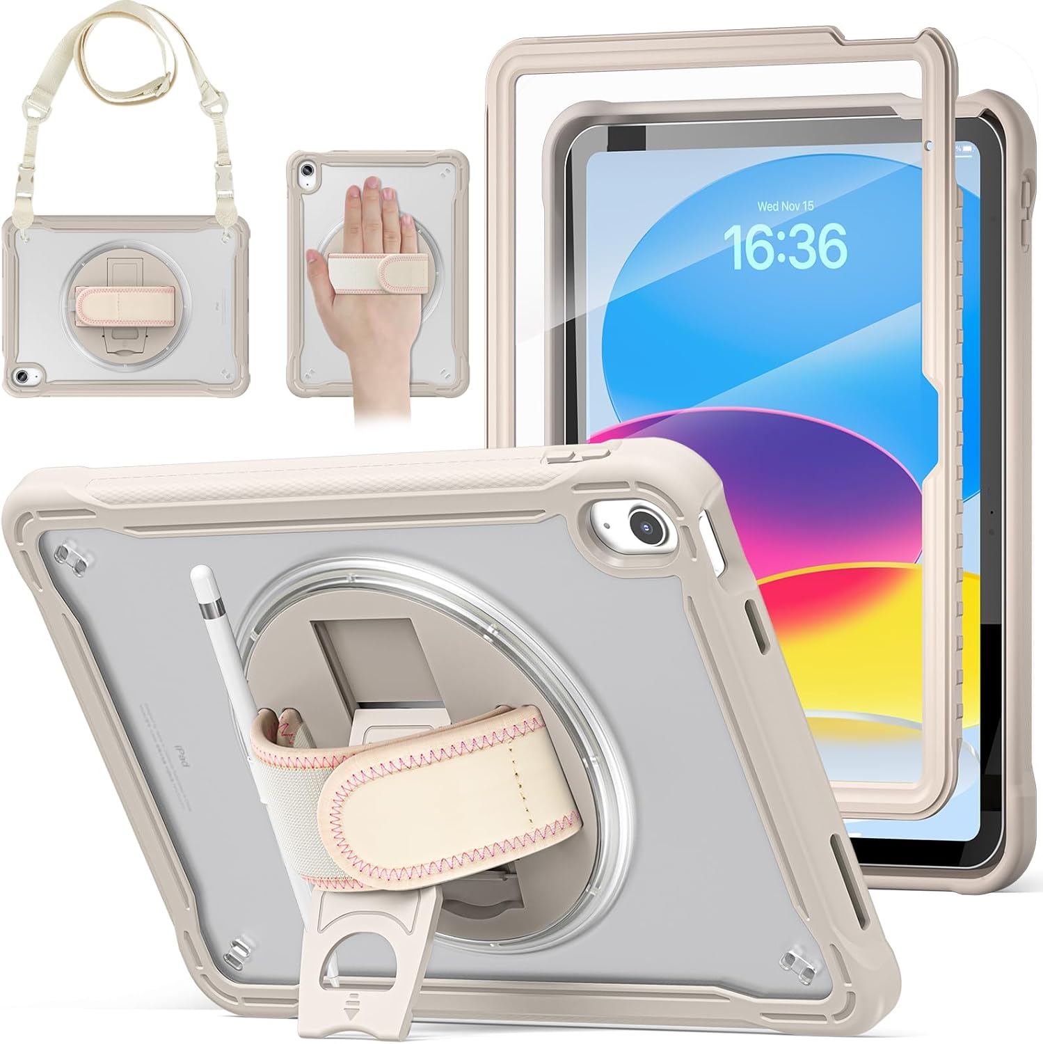 BRAECNstock case for iPad (A16) 11th/10th Generation 11/10.9 inch 2025/2022,Rugged Shockproof Protective Cover with 360° Rotating Hand Strap/Stand,Screen Protector,Pencil Holder,Khaki