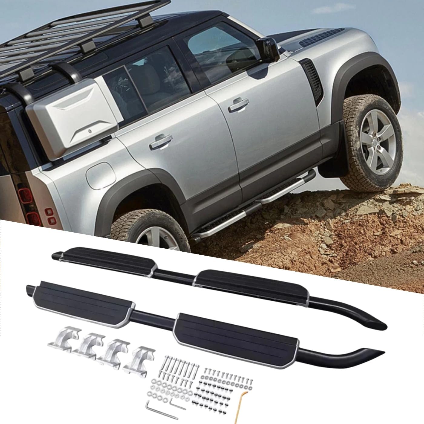 2PCS Aluminum Side Steps Running Boards Nerf Bars Fits for Land Rover Denfender Octa 2025 2026 (Vertical Stripes Black with Silver)