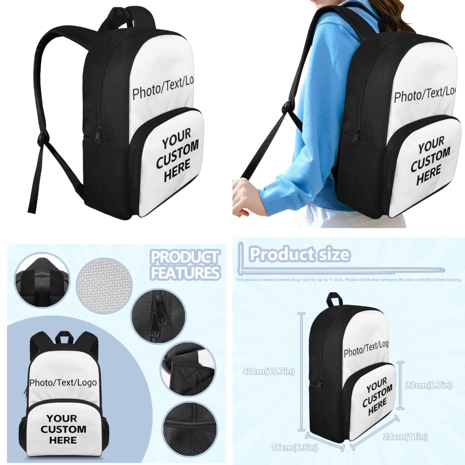 Biyejit Mochila escolar para niños y niñas, con bolsa de almuerzo y estuche para lápices, mochila casual para adolescentes, juego de 3, Imágenes personalizadas con el nombre de tus hijos