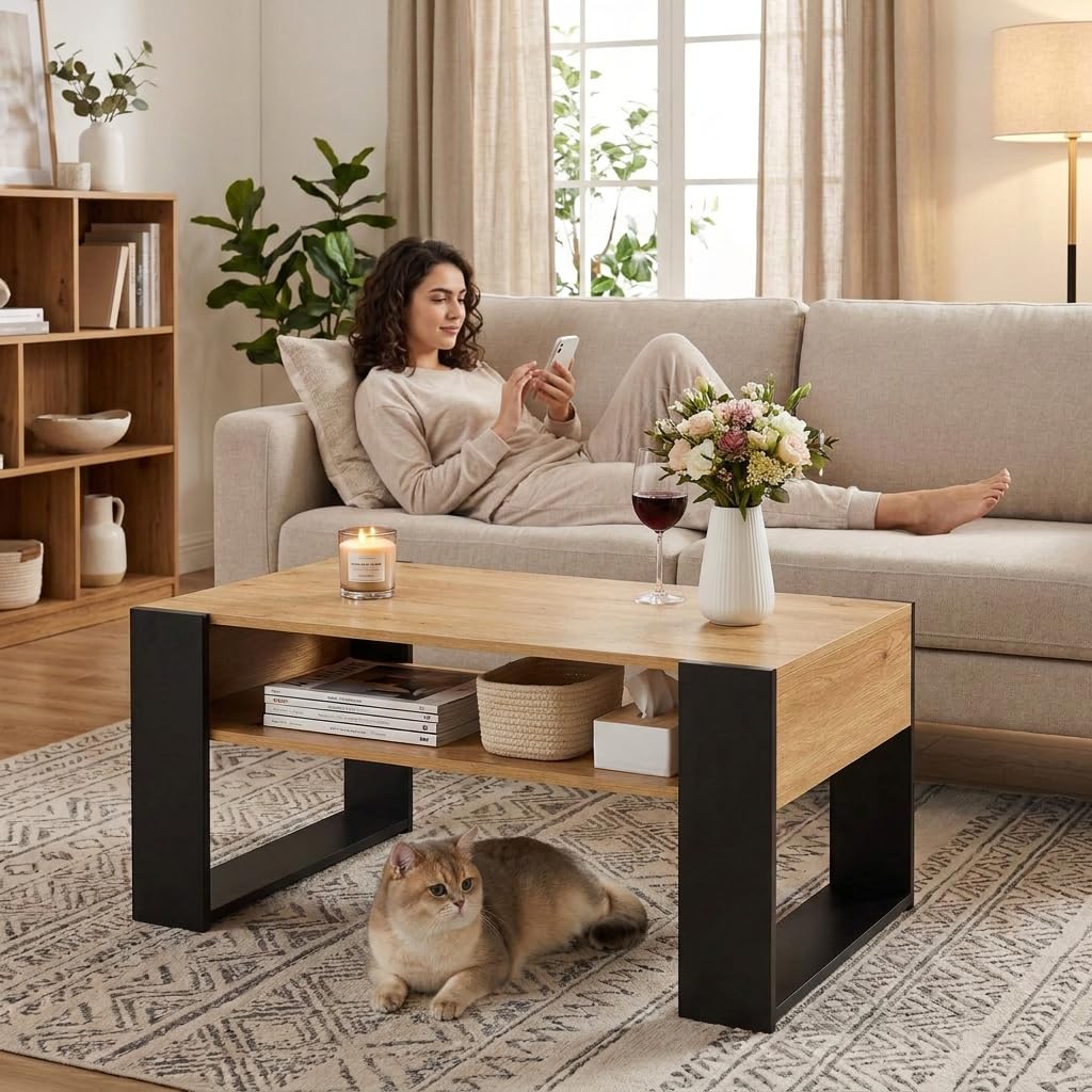 Mesa de Centro con LED y Espacio de Almacenamiento, Mesa de Salón de Madera, Moderna Mesa Baja Salon con Patas en Forma de U, para Salón, Rectangular, 92 x 47 x 45 cm, Madera y Negro