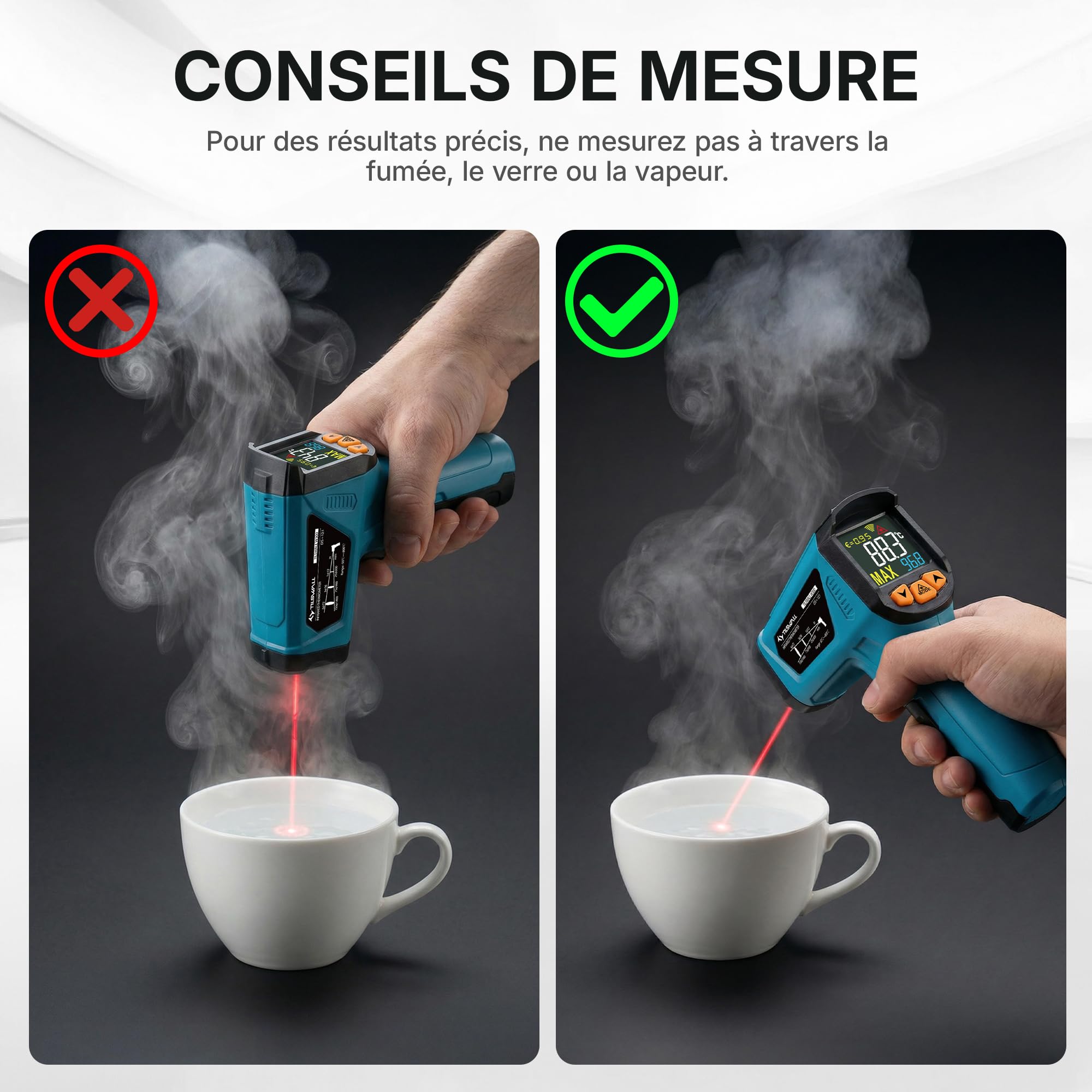 Tilswall Thermomètre Infrarouge,-50°~800℃ (-58°~1472℉) Pistolet de Température Sans Contact Laser Emissivité Réglable Thermomètre Pistolet cuisine/Circuit/industrie (pas pour l'homme) Bleu, W300