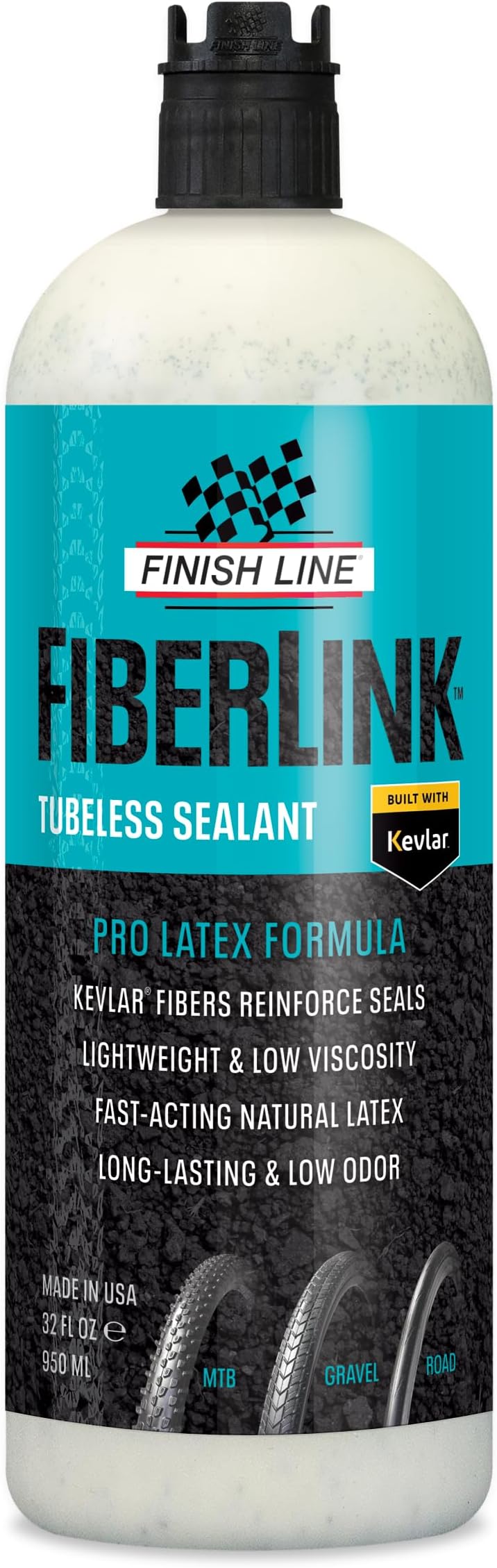 Finish Line FiberLink Pro Latex Tubeless Tire Sealant with Kevlar Technology โ Long-Lasting, Low Viscosity Bicycle Sealant for Road, Gravel, Cyclocross, Mountain & Fat Bike Tires, 32 oz