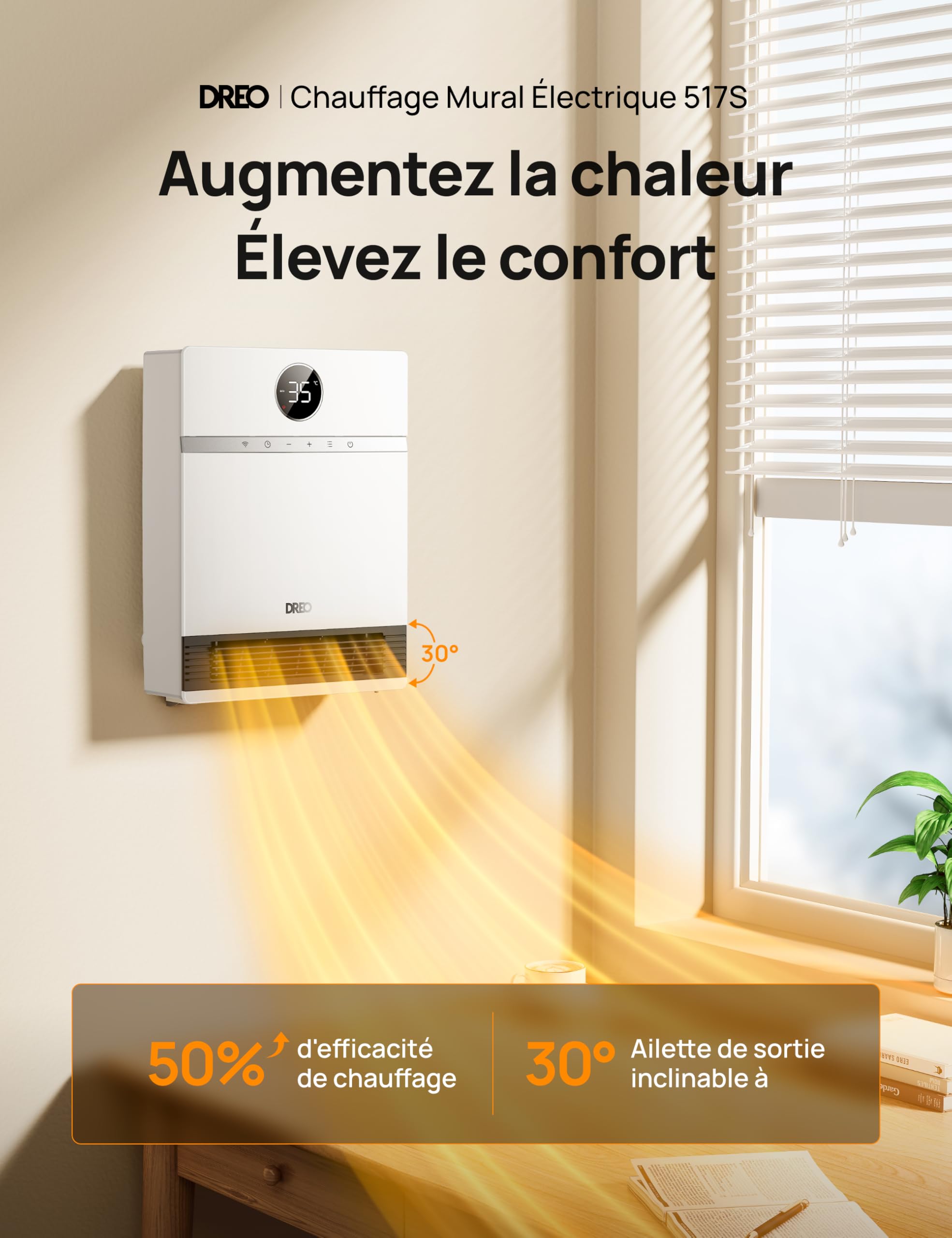 Dreo Intelligent Chauffage d'appoint, Oscillation à 30°, 2000W Chauffage Soufflant Mural, Salle de Bain, Thermostat Réglable, Télécommande, 24H Minuterie, Installation Facile, Compatible avec Alexa