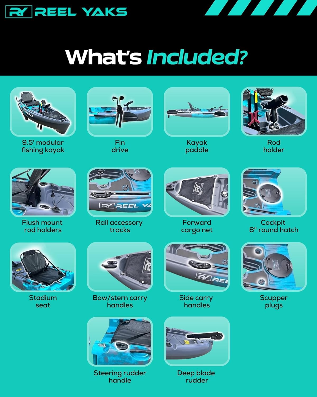 Reel Yaks Raptor Modular Fishing Kayak - 9.5ft, 380 lbs Capacity, Cyan Gray - Pedal Fishing Kayaks for Adults & Youth, Sit on Top, Compact Storage, Lightweight, Easy Transport