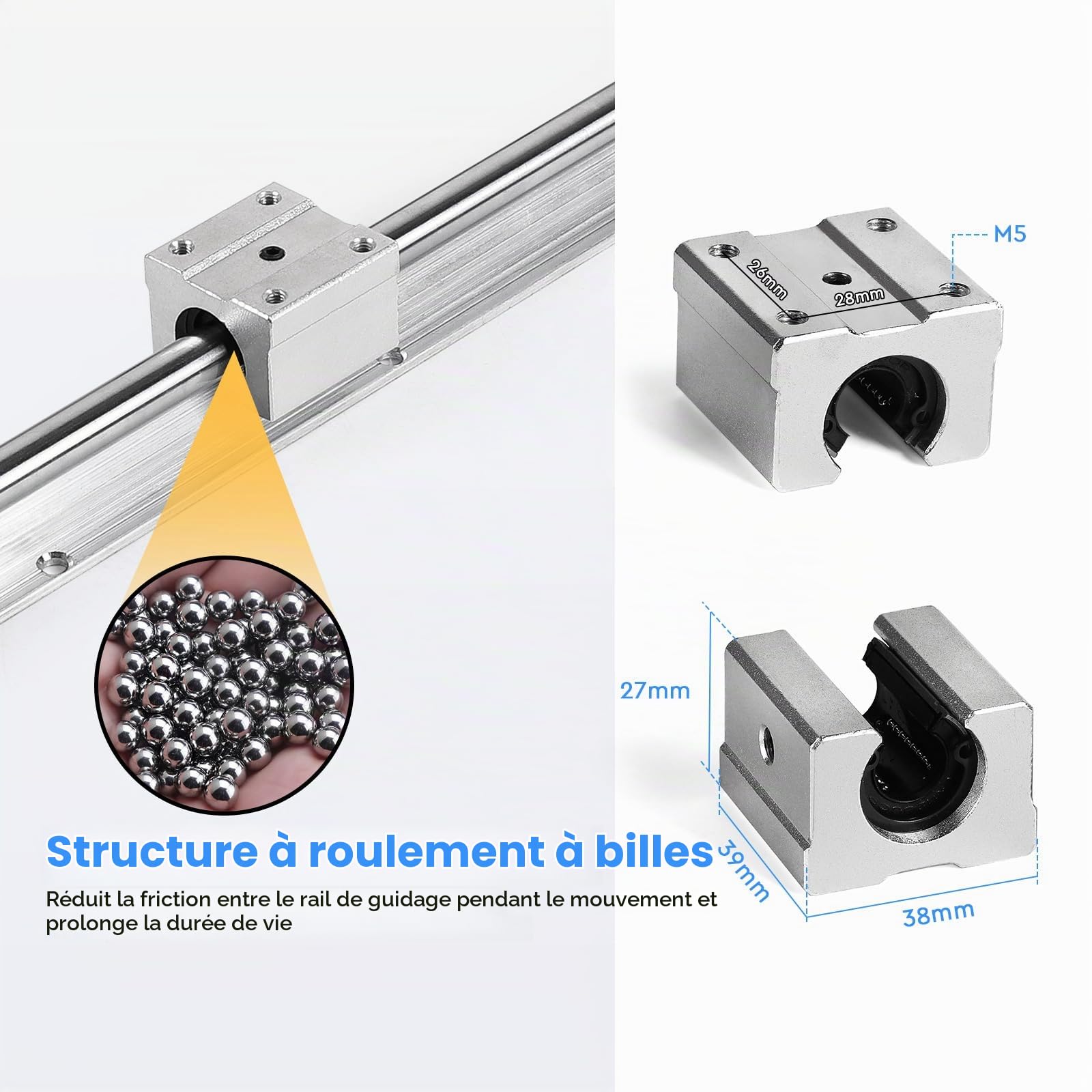 SWAWIS SBR12UU Rails de Guidage Linéaires Kit - Comprend 2x 500mm Rails Linéaires 4x Blocs de Roulement et 20x Vis de Montage, Aluminium Matériau, pour Machines Appareils électroniques CNC