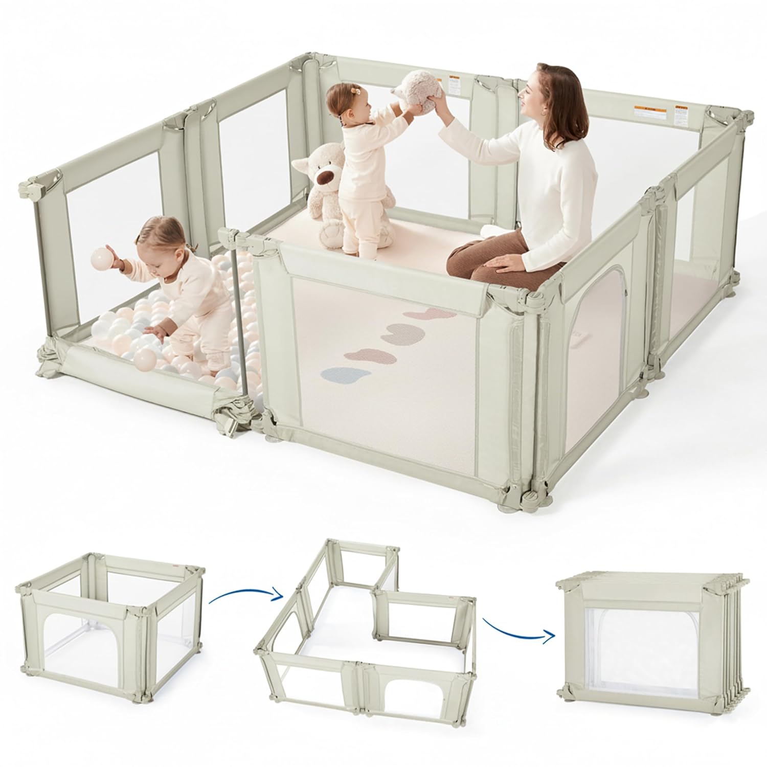 Sweeby Modular Baby Playpen, Customizable & Foldable Playpen for Babies and Toddlers with Easy Access Gate, Portable Indoor & Outdoor Play Yard, Adjustable Shape Kids Activity Center (71"x59", Beige)